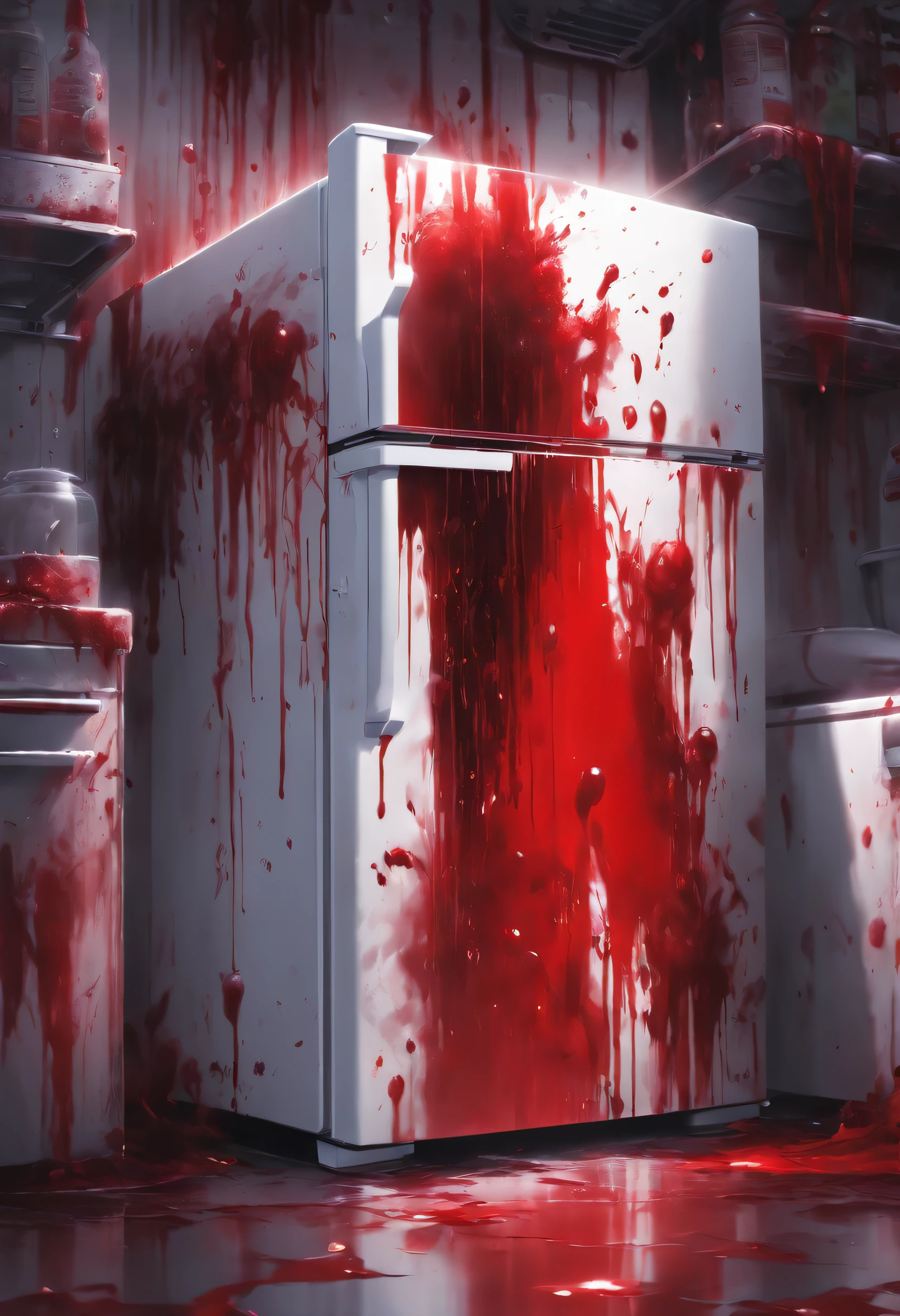 Spooky Kitchen Appliances、((All the handles of the pure white refrigerator are human palms.、Bloody))、Masterpiece、best composition、ultra-definition、Photorealsitic、A hyper-realistic