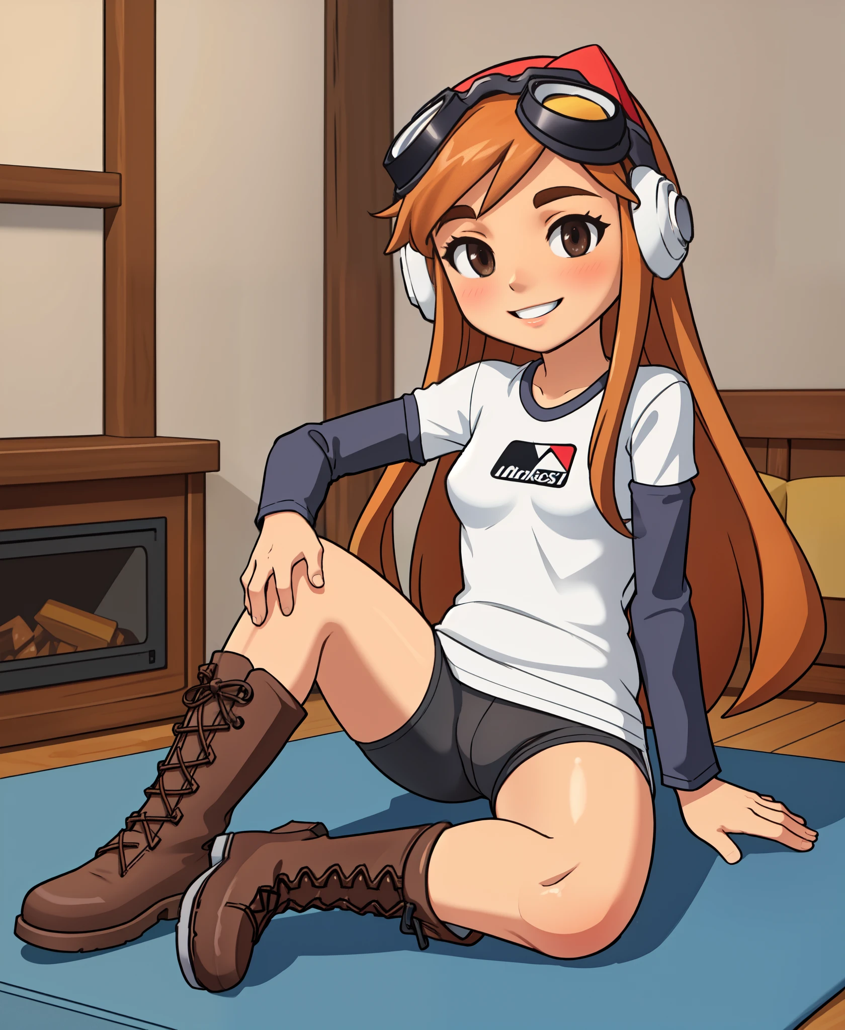 masterpiece, best quality, meggy, headphones, goggles on head, white shirt, layered sleeves, spandex shorts, brown boots, full body, smile, sitting in living room with video game controller,