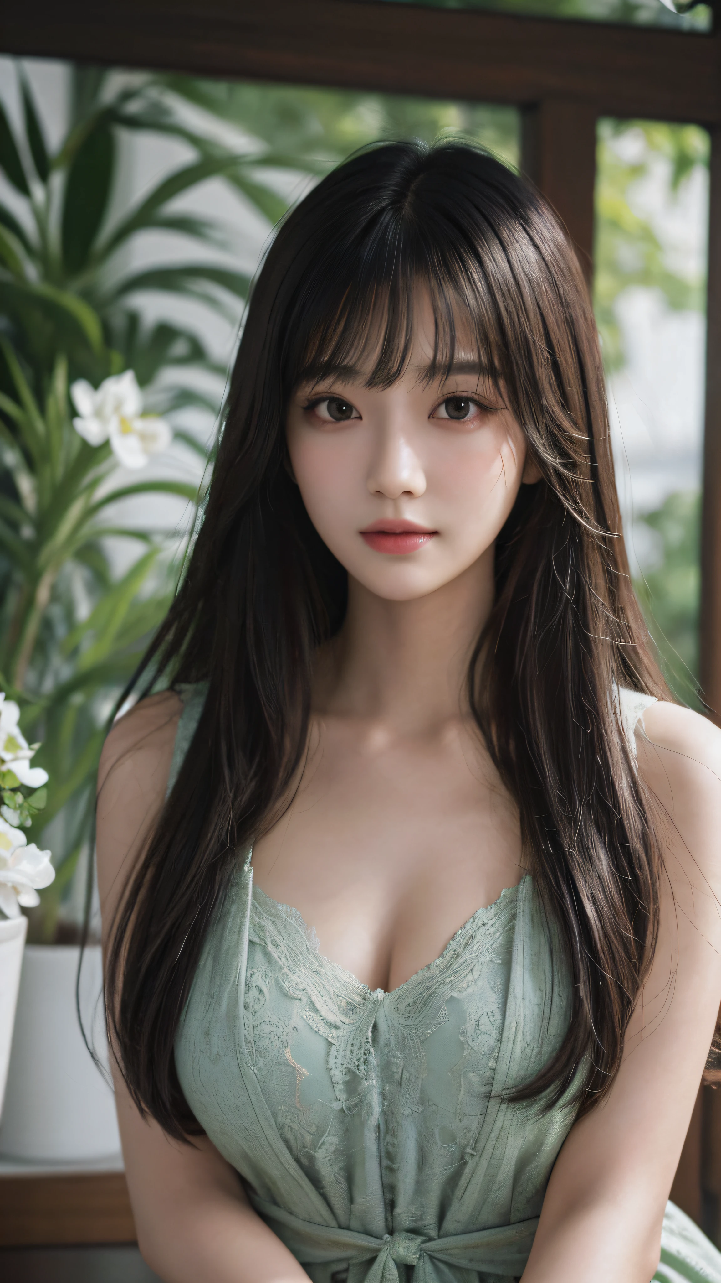 Masterpiece, best picture quality, high quality, beautiful woman, Japanese, popular Korean makeup, detailed, swollen eyes, detailed eyes, detailed skin, beautiful skin, ultra high resolution, (reality: 1.4),very beautiful, slightly younger face, beautiful skin, slender, (ultra realistic), (illustration), (high resolution), (8K), (very detailed) (best illustration), (beautifully detailed eyes), (super detailed), (wallpaper), (detailed face), looking at viewer, fine detail, detailed face, pureerosfaceace_v1, smiling, looking straight ahead, looking straight ahead, angle from waist up, realistic photo, bright lighting, professional lighting, black hair (some green), long hair, dark ruins, big red moon, gorgeous red and black dress, mature woman, long stylish bangs,