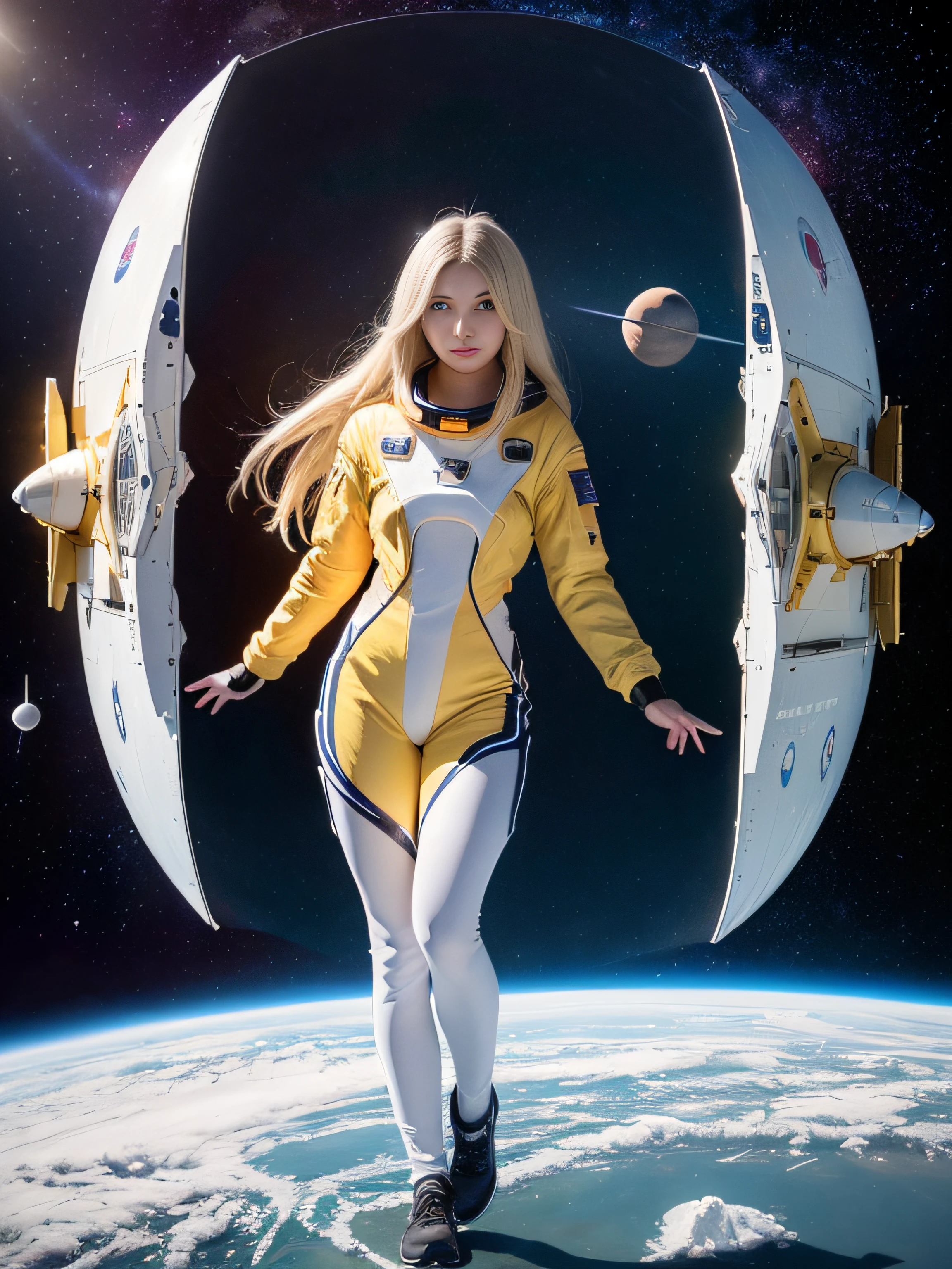 (Young Girl, 16 years old, a blond, Photorealistic, pale skin), (yellow (Eyes:1.2)), (slim build:1.3), (Fantasy spacesuit), Beautiful face, Symmetrical face, Greg Rutkowski, WLOP and Sam Kuvshinov, (Long hair), Blonde eyelashes, Large iris, Big pupils, Full body, Stand on the background of the cosmodrome, art  stations, 8K, Science fiction, Pastel colors, props, panel, Concept, Futuristic, Gribble, Simon Starenhug, spaces, In outer space, Spaceship in the Sky, Technological Blocks