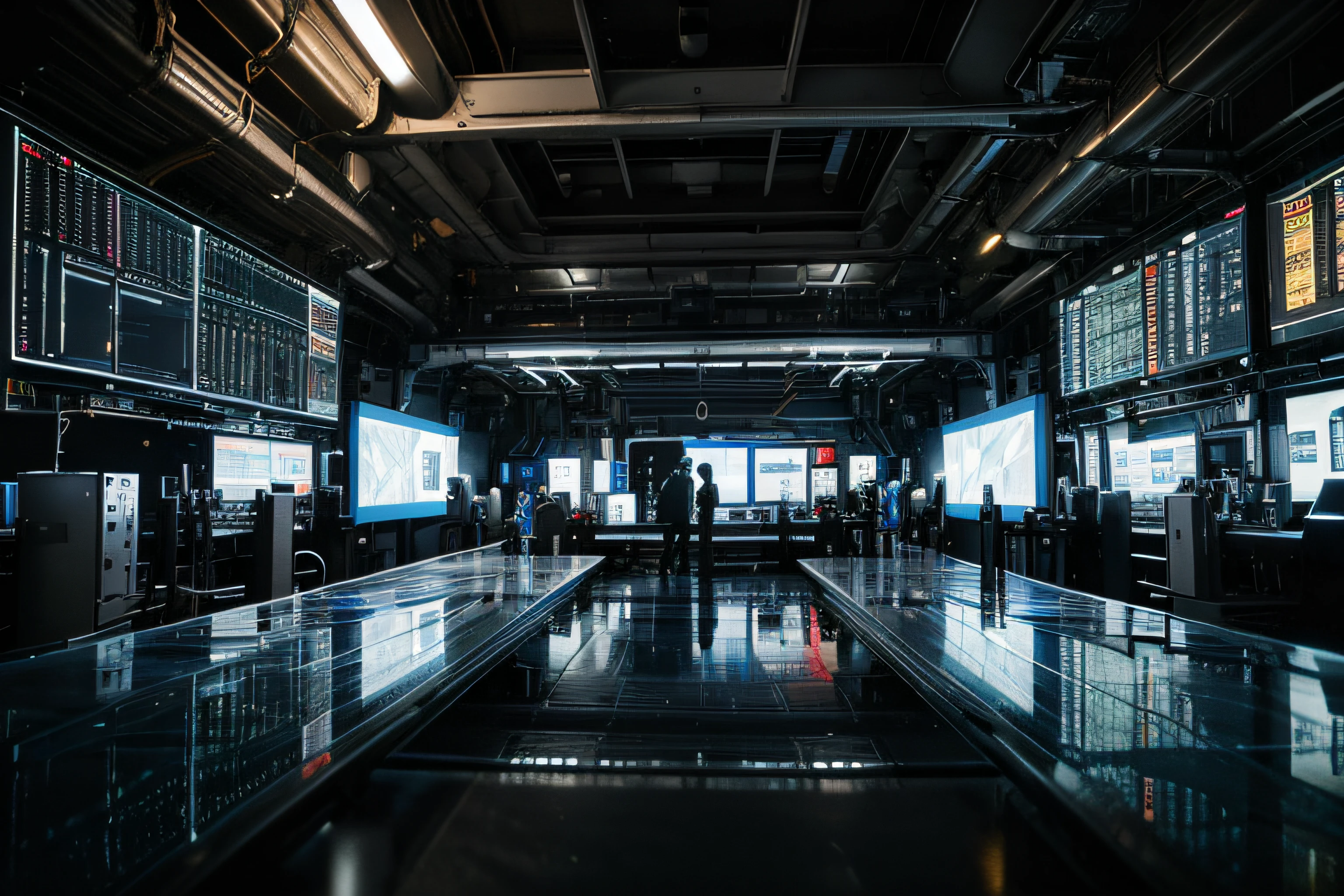 Many scientists working on technology big screen, bright picture, different machines, futuristic feeling, photography master, factory machine details, super wide angle, high realism, light and dark