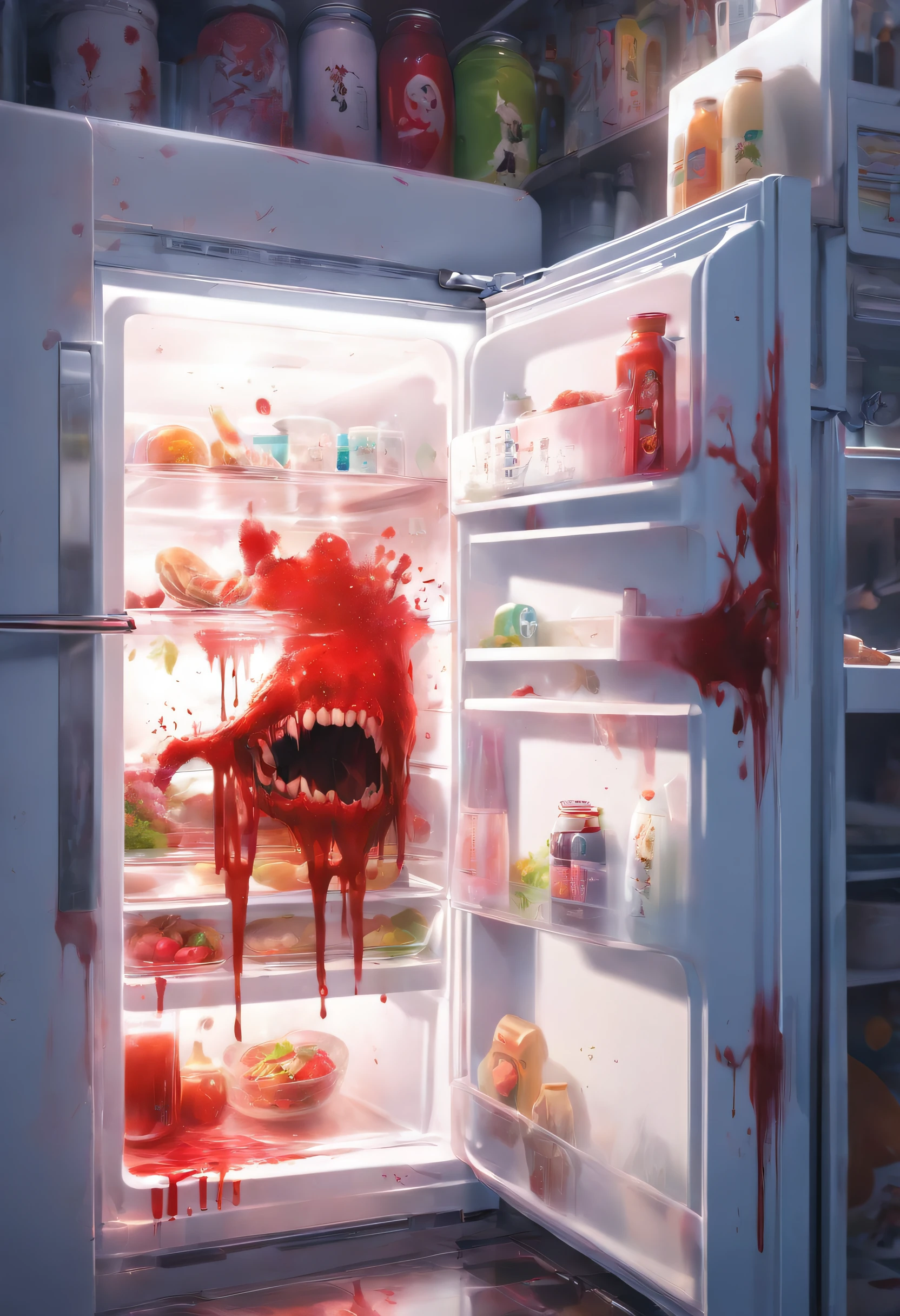 Spooky Kitchen Appliances、((All the handles of the pure white refrigerator are human palms.、Bloody))、Masterpiece、best composition、ultra-definition、Photorealsitic、A hyper-realistic