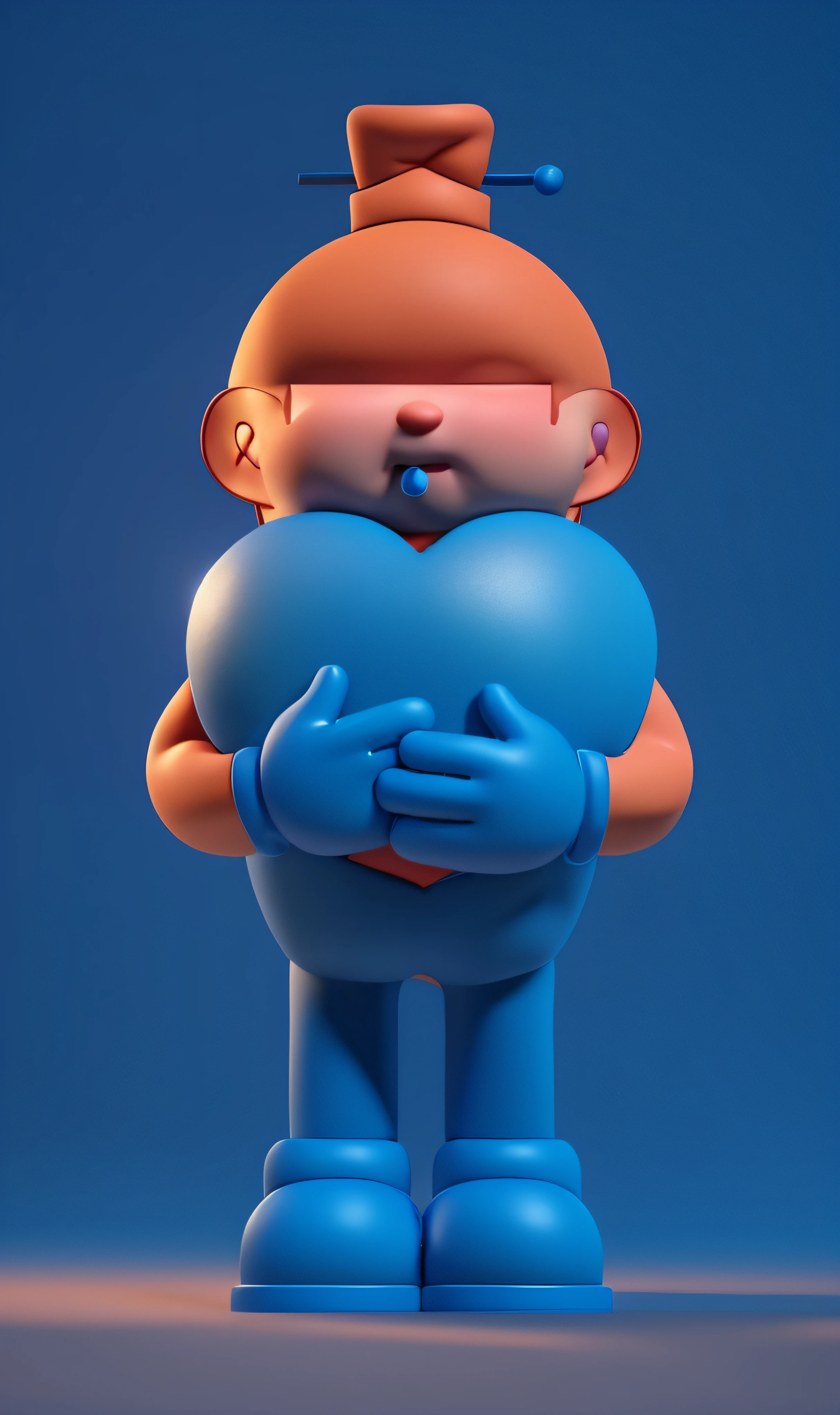 Pixar character holding a heart on his chest, character is standing,Blue face, Blue all over, 4 fingers, blue arm, Blue body, Blue hat, Animated characters, stylized characters, Animation-style rendering, 3D stylization, arnold maya render, stylized 3d render, Cartoon rendering key shots, 3d character, 3d character, stylized 3d render, 3D character rendering, cartoon character, Close-up characters, Character pose, (pixar-style) (The main part:1.2) (bokeh) (Best quality at best) (delicate skin) (Detailed texture) (8K) (clay) (电影灯光) (sharp focus information)