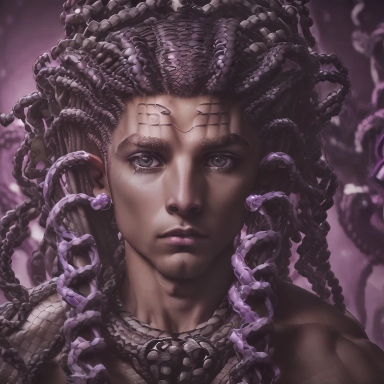 (8k, RAW photo, best quality, homoerotic, looking at viewer, face:1.5), (androgynous male, medusa gorgon:1.65)