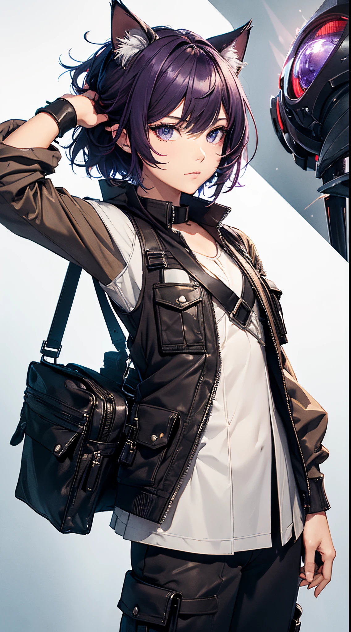masterpiece, high quality, character concept art, close up photo, portrait, (detailed face, detailed eyes, detailed body:1.5), ARKNIGHTS, sci-fi knights, young girl, anthro, deep purple hair color, short hair, cat features, cat ears and tails, (wearing sexy elegant future outfit short jacket with straps and accessories, cargo pants, military vest), holding pistol ranged weapon, action calm down pose, battle damage