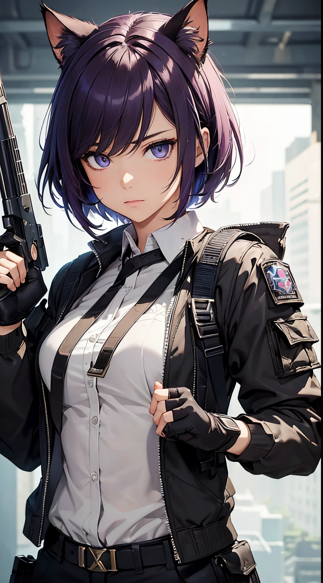 masterpiece, high quality, character concept art, close up photo, portrait, (detailed face, detailed eyes, detailed body:1.5), ARKNIGHTS, sci-fi knights, young girl, anthro, deep purple hair color, short hair, cat features, cat ears and tails, (wearing sexy elegant future outfit short jacket with straps and accessories, cargo pants, military vest), holding pistol ranged weapon, action calm down pose, battle damage