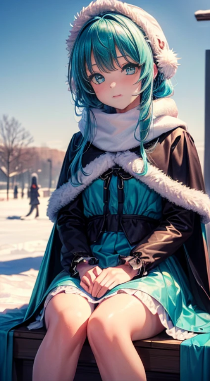 ( (8K:1.27), best qualtiy, tmasterpiece, 超A high resolution:1.2),1 girl,Turquoise pupils,Clear face, Sitting, ta costume,cloaks,(Snow, Outdoor activities in winter:1.2)