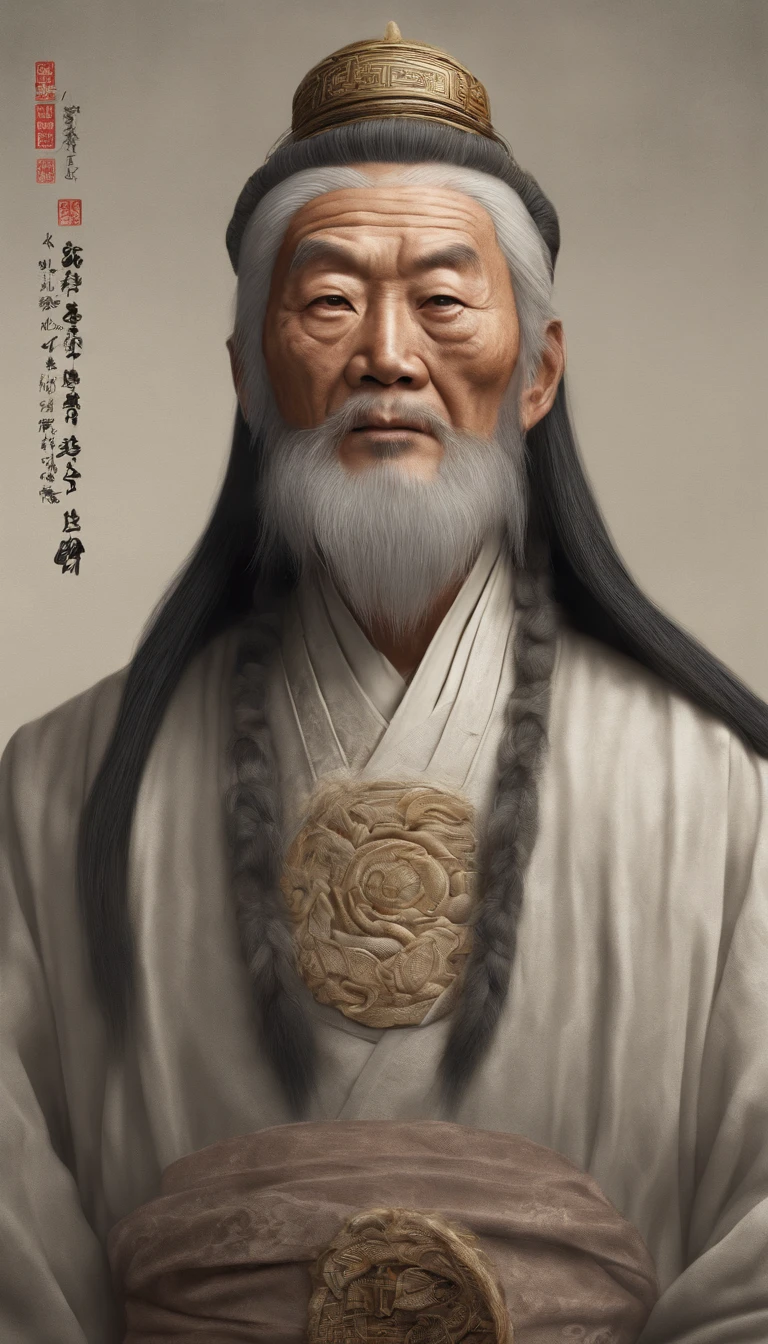 Old Man of the East,Frontal portrait of ancient Chinese figures(Portrait of Confucius 1.0),Visual inspection of the audience,Immortal Wind Road Bone,White haired man。ginger clothes。Pastel background。hyper HD, retinas, tmasterpiece, Acura, Anatomically correct, Award-Awarded, high high quality, high detal, super detailing, ctextured skin, Best quality at best, A high resolution, 1080p, k hd, 4K, 8K, 16k。