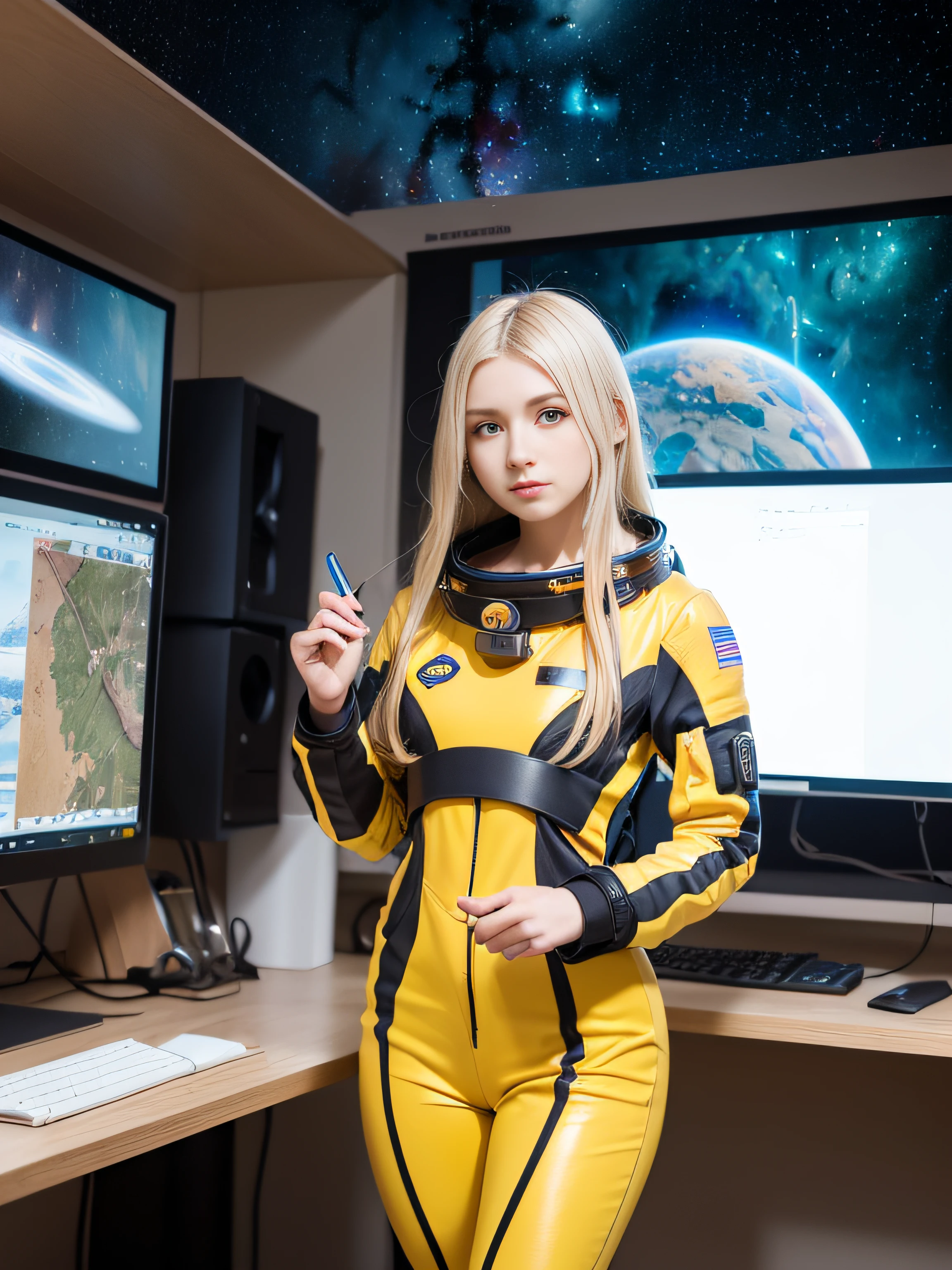 (Young Girl, 16 years old, a blond, Photorealistic, pale skin), (yellow (Eyes:1.2)), (slim build:1.3), (Fantasy spacesuit),lightsmile, Beautiful face, Symmetrical face, Greg Rutkowski, WLOP and Sam Kuvshinov, (Long hair), Blonde eyelashes, Large iris, Big pupils, Full body, Stand on the background of the cosmodrome, art  stations, 8K, Science fiction, Pastel colors, props, panel, Concept, Futuristic, Gribble, Simon Starenhug, spaces, In outer space, Spaceship in the Sky, Technological Blocks