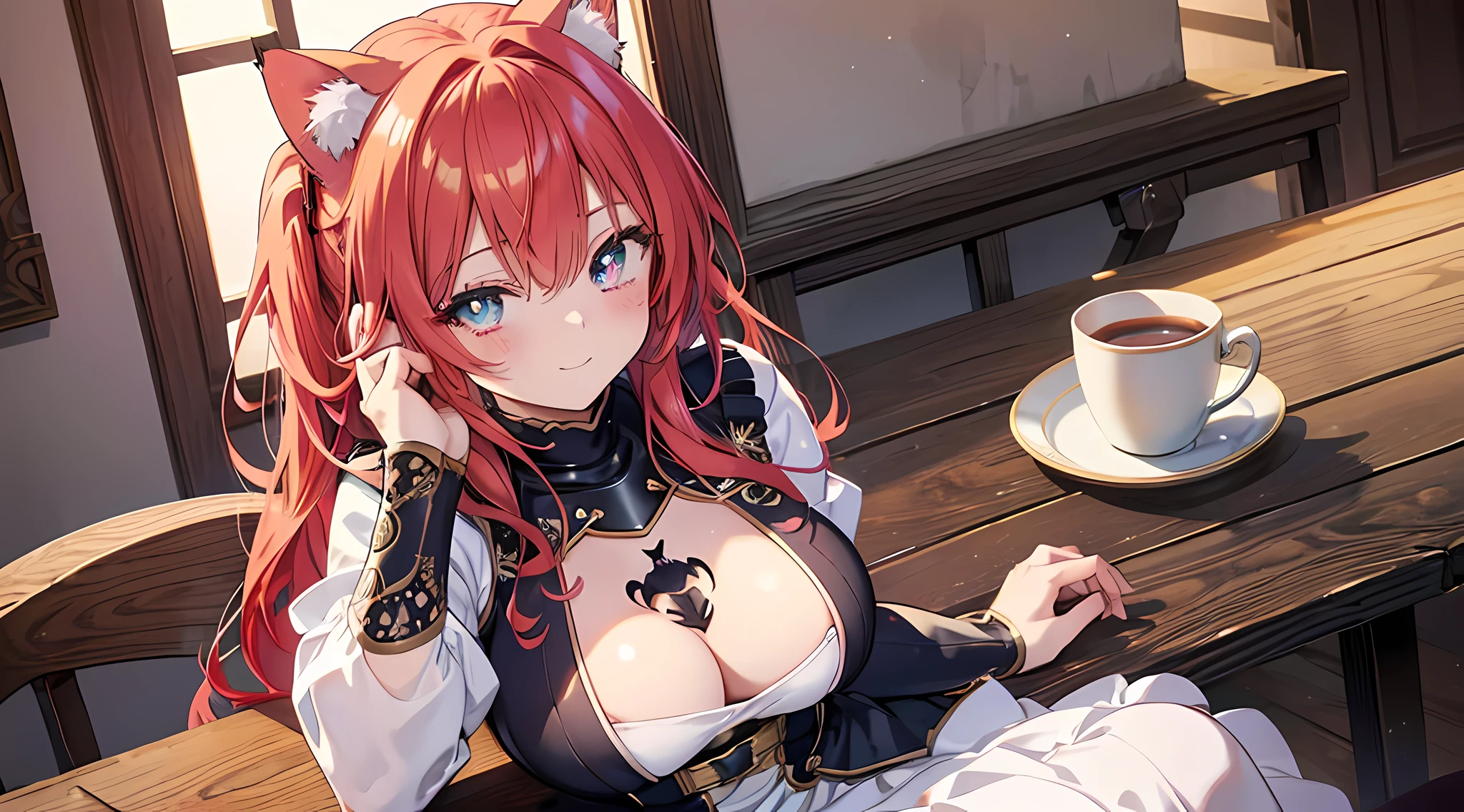 2 cat eared girl, posing for a picture, sitting on chair and put her boobs on the table, (red hair), blushed face, battle knight suit, breast plate, long skirt, big breast, pixiv, anime girls, seductive smile, (beautiful detailed eyes:1.6), extremely detailed face, perfect lighting, extremely detailed anime illustration, (perfect hands, perfect anatomy),