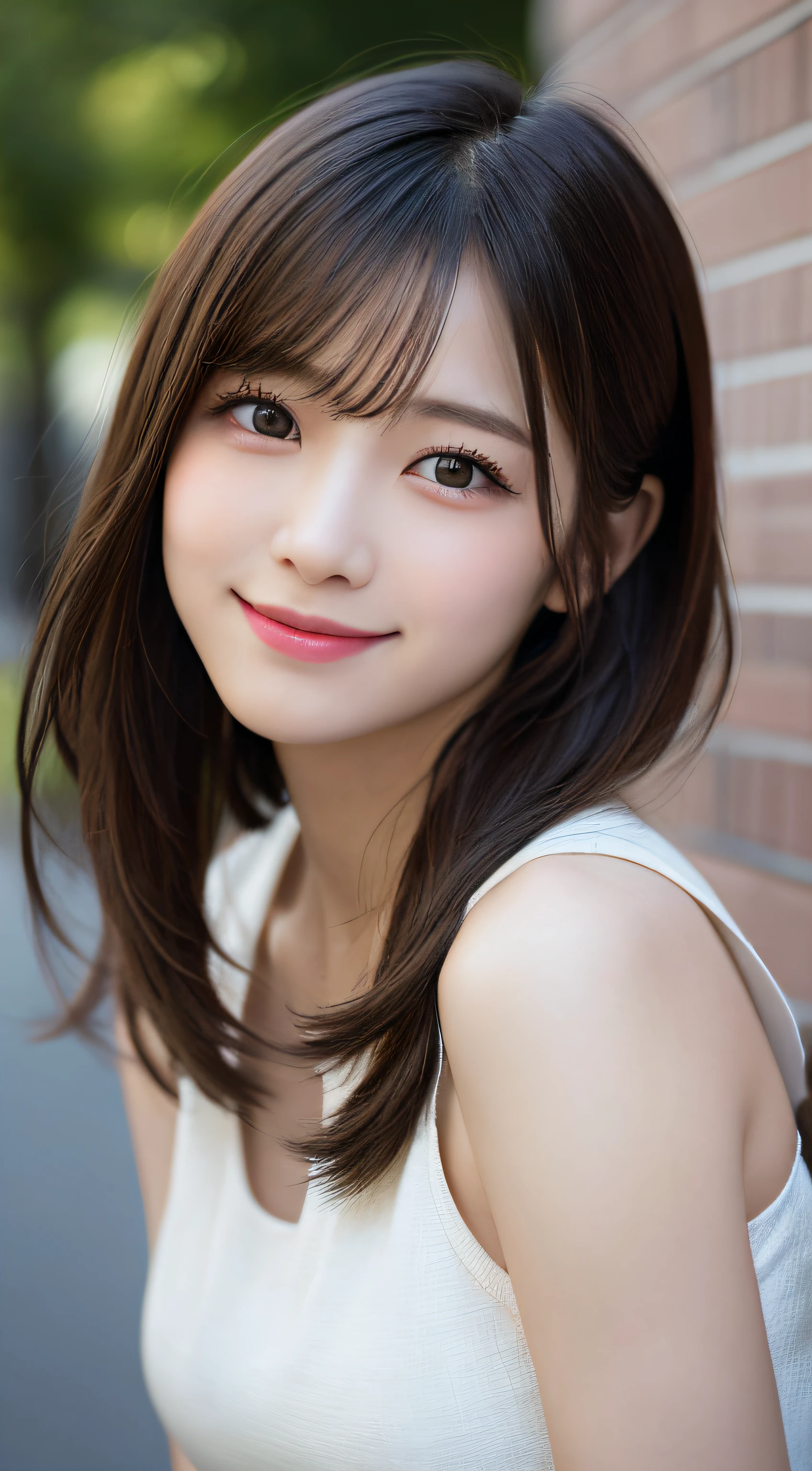 finely detail, hight resolution, hightquality、Perfect dynamic composition, Beautiful detailed eyes, Medium Hair, small tits、Natural Color Lip,Kamimei、Shibuya、20 years girl、1 persons、Transparent skin、Glowing hair、a smile、masutepiece, Best Quality, Illustration, Ultra-detailed, finely detail, hight resolution, 8K、The correct state of the human body、crouching down、Gravure Model Pose,Hair soaring in the wind