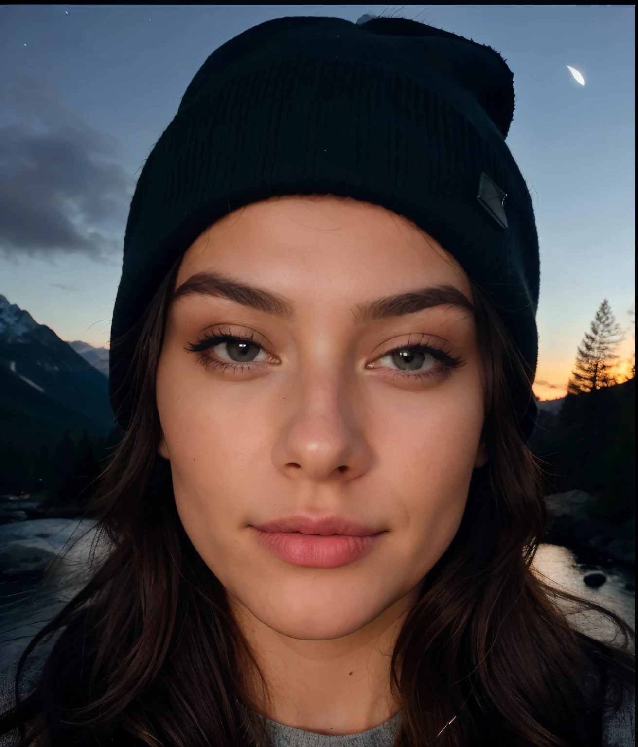 photorealistic, best quality, hyper detailed, beautiful woman, selfie photo, upper body, solo, wearing pullover, outdoors, (night), mountains, real life nature, stars, moon, (cheerful, happy), sleeping bag, gloves, sweater, beanie, flashlight, forest, rocks, river, wood, smoke, fog, clear sky, analog style, looking at viewer, skin texture, film grain, close up, ultra high res, best shadow, RAW, instagram LUT