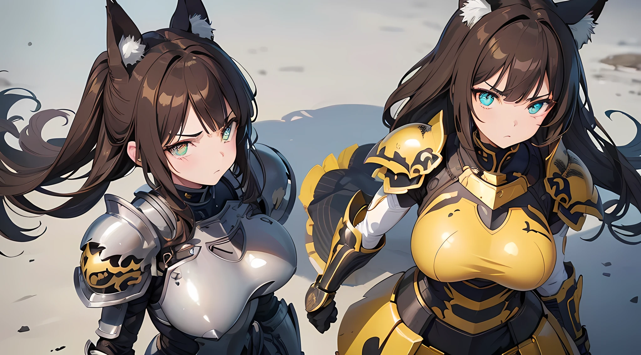 1 cat eared girl, standing with her full armor bodyguard, (brown hair, yellow eye color), armored battle knight suit, breast plate, long skirt, big breast, a picture by void_0, pixiv, anime girls, angry facial expression, (beautiful detailed eyes:1.6), extremely detailed face, perfect lighting, extremely detailed anime illustration, (perfect hands, perfect anatomy),