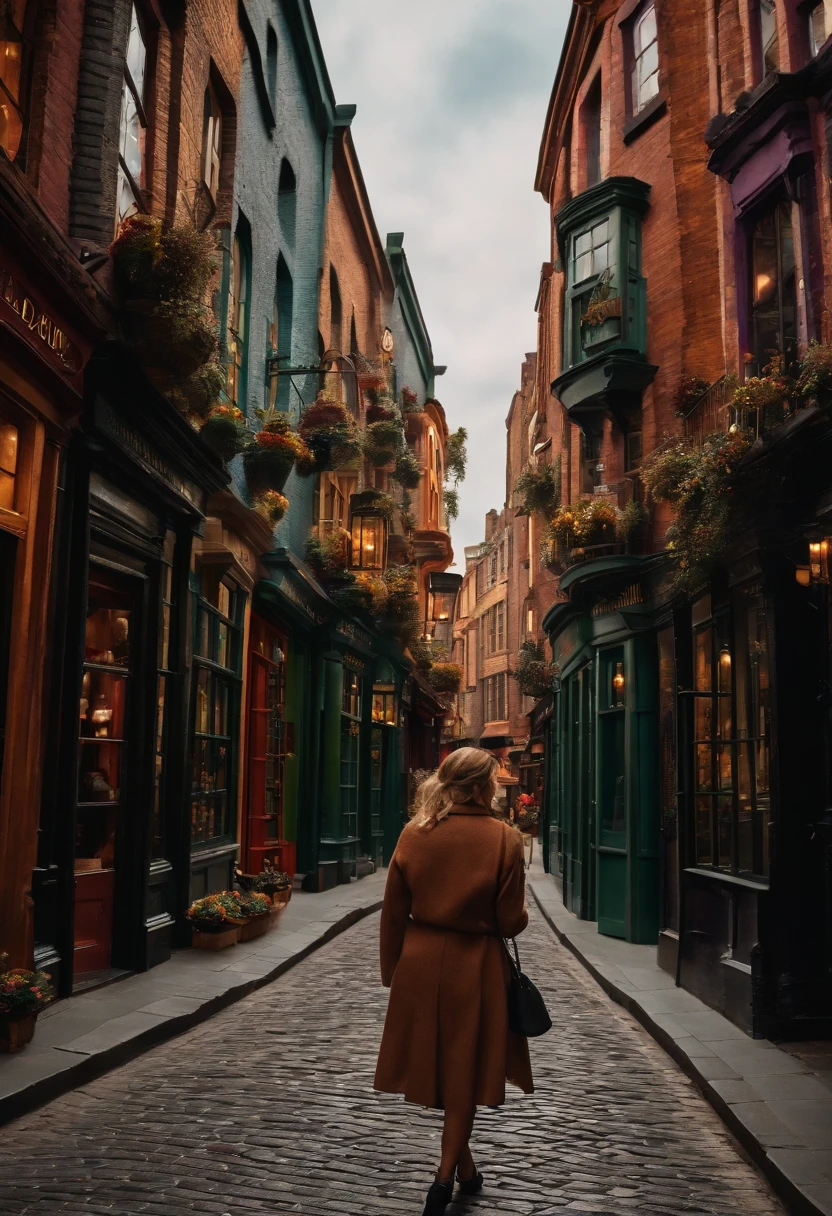 A photo of me enjoying a morning stroll through the beautiful streets of Diagon Alley, admiring the magical storefronts.,original,Portrayed by JK Rowling herself