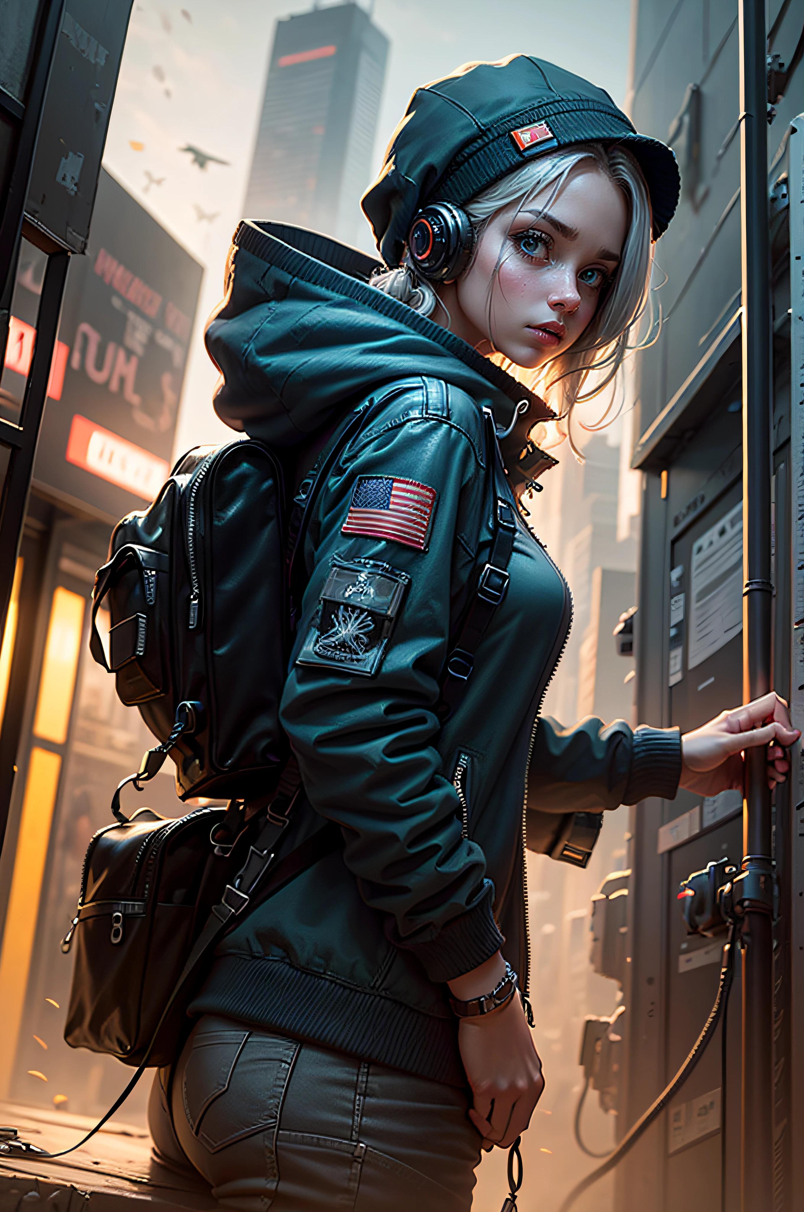 human octopus hybrid, cyberpunk tentacles, The color palette is primarily gray and black with some blue and orange accents. perfect detail, outstanding detail, beautiful detail, masterpiece work of art, heartwarming, full detail, impressive detail, great detail UHD macro image detailed, shot, action, perfect eyes, best quality, extremely sharp focus face, analog fine film grain, post-apocalyptic, cinematic, realistic, trending art station, helicopter, focus, studio photo, details, intricate, busy, raw, 64k, isom.