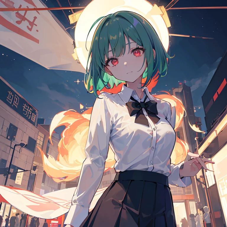 1girl in, 独奏, Lori, 小柄,(Night_skyporn), (very_Curta_Green_hair), Hairstyle Bob, (Red_Eyes), Medium_breasts, (white_Shirt:1.5), (windbreaker), (portlate), blazing_Eyes, The background is transparent, ((masterpiece)), (Hi-Res), (best_quality), (highly_Detailed), (Original),(Very detailed 8k wallpaper),cinematlic lighting, Volume Lighting, light Particle, Shaded_Face, Beautiful_Detailed_Eyes, Depth_In the_field、point of view、business shirt、skirt dark blue
