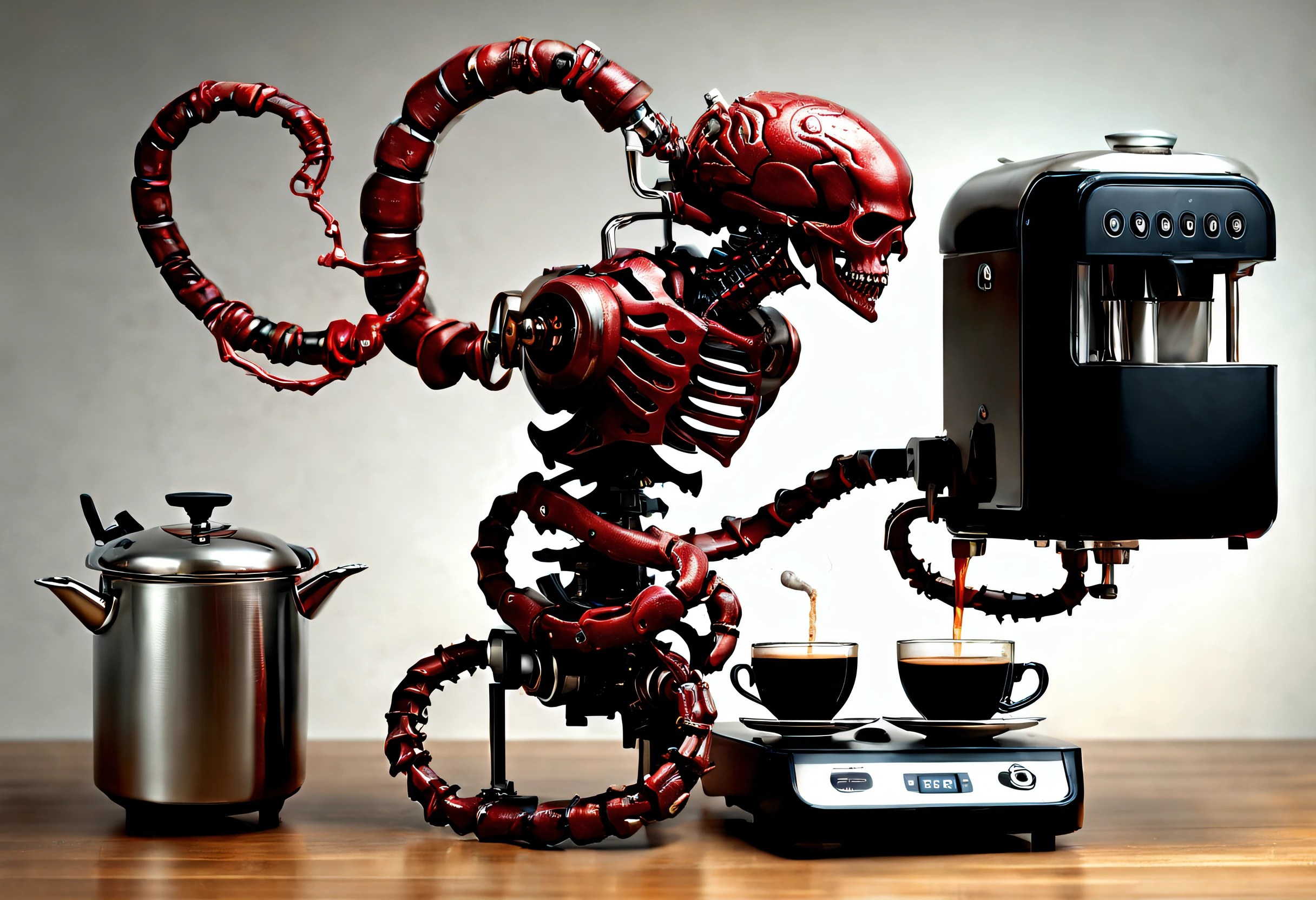 dennis ruston style，Creative product design，Very unified CG,（home equipment，coffee machines，Electric kettle，rice cooker），Complicated details，（skeleton head）， (Snake spirit），(Lots of blood)，（zombi），
Background with：kitchen wasteland, sci fi art, ，Excellent，Incredible，hyper realisitc，Thriller，