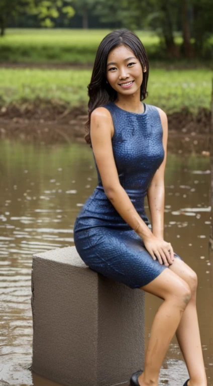 slender woman, (gorgeous Asian face), wearing textured pencil dress, [lovely smile], [sitting], ((soaked)), ((mud fight)), ((messy mud stains)), ((smeared with mud)), (covered with mud), (covered in mud), covered in dirt, covered in filth, utterly muddied, muddy, sticky mud stains, (((smeared with thick black liquid mud))), wet mud, gooey mud, dark mud, (((mud splatters))), (doused with mud), (drenched with mud)
