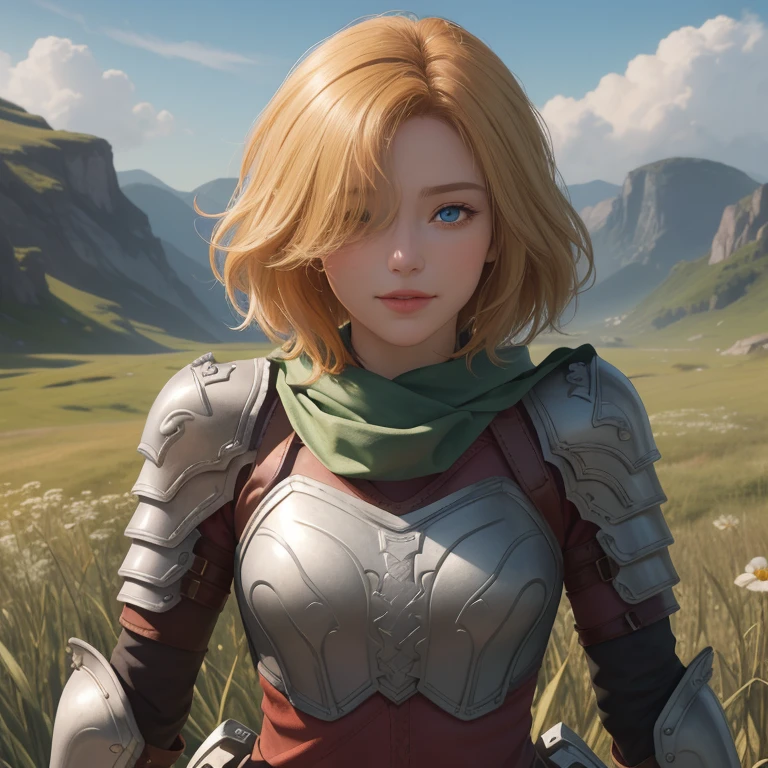 (({{masterpiece,best quality,ultra-detailed}}))  1girl, grass field,flower,wariza,looking at viewer,blonde short hair, armor, red hair band, breastplate,shoulder armor, bangs , (armor boots),boots ,, green scarf ,armored boots,upper body, hair over one eye ,hair over one eye ,blue eyes ,gloves ,holding ,pantyhose ,