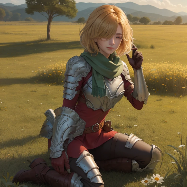 (({{masterpiece,best quality,ultra-detailed}}))  1girl, grass field,flower,wariza,looking at viewer,blonde short hair, armor, red hair band, breastplate,shoulder armor, bangs , (armor boots),boots ,, green scarf ,armored boots,upper body, hair over one eye ,hair over one eye ,blue eyes ,gloves ,holding ,pantyhose ,