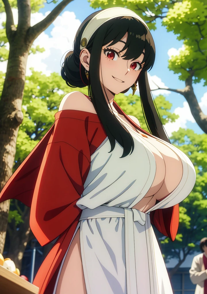 Olette, a matural female,  By bangs, side locks, red eyes, brunette color hair, hair adornments, gigantic cleavage breasts，sporty attire, (the face:1.2), female student, ssmile,Bare shoulders, brunette color hair, SakuraNS, Chopping, (robe:1.21), 鎖骨, Willow branches, (Masterpiece of the best quality :1.2),