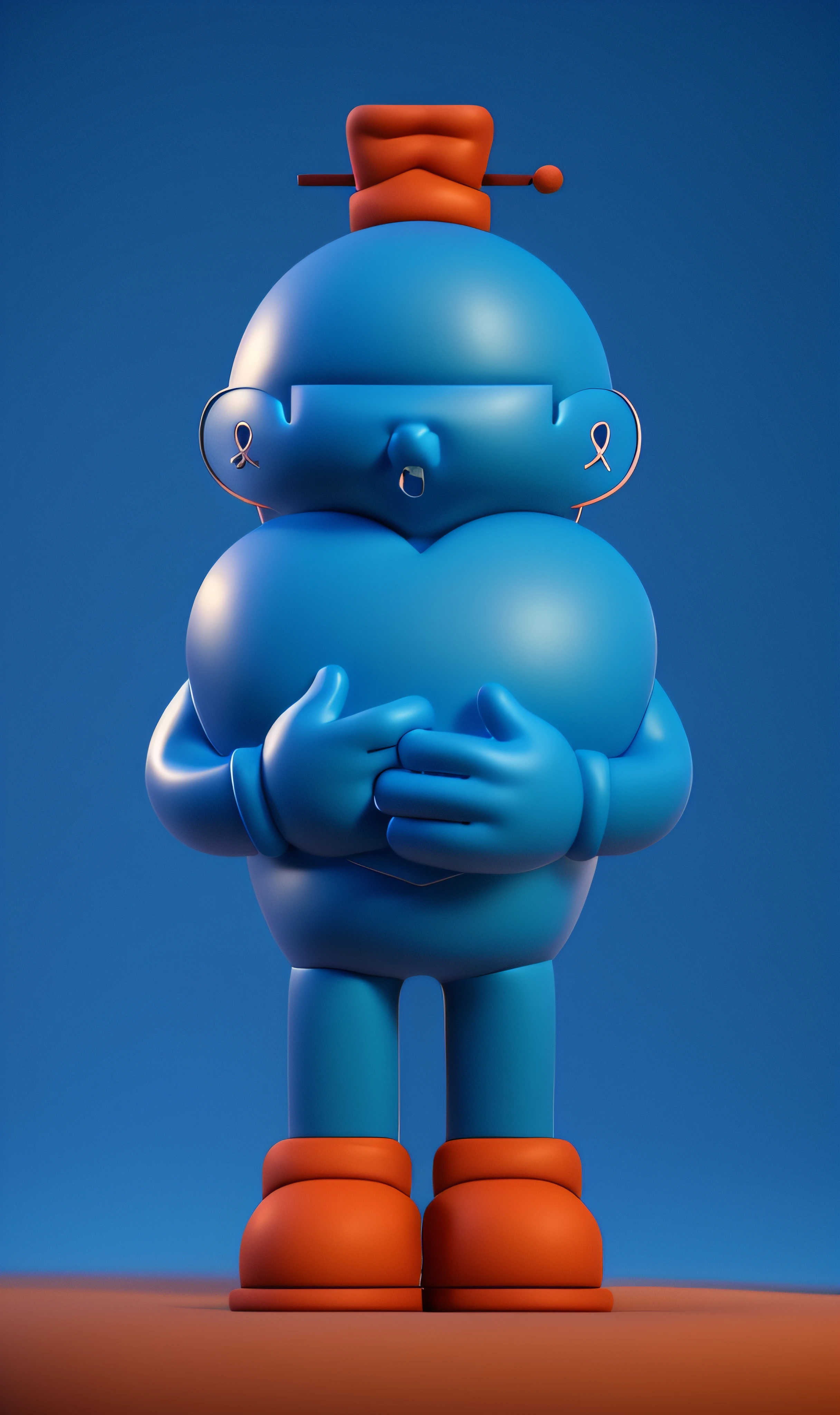 Pixar character holding a heart on his chest, character is standing,Blue face, Blue all over, 4 fingers, blue arm, Blue body, Blue hat, Animated characters, stylized characters, Animation-style rendering, 3D stylization, arnold maya render, stylized 3d render, Cartoon rendering key shots, 3d character, 3d character, stylized 3d render, 3D character rendering, cartoon character, Close-up characters, Character pose, (pixar-style) (The main part:1.2) (bokeh) (Best quality at best) (delicate skin) (Detailed texture) (8K) (clay) (电影灯光) (sharp focus information)