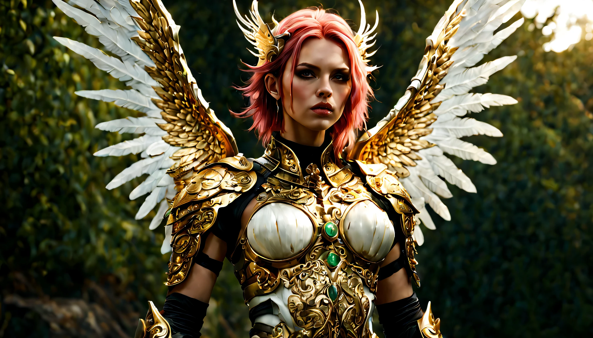 (wide angle),(Aetherpunk style:1.4),8k , ultra quality ,nature,pagan imagery,intricate detailed, beautiful valkyrie ,gold detailed holy gorgeous armor,intricate detailed wide angelic wings on her back,spreading angelic wings wide,utopia,magic,detailed,mages,outdoors,amazing scenery,(highly detailed:1.2),(ultra realism:1.2), realistic, detailed, textured, skin, platinum white hair, green eyes, by Alex Huguet, Mike Hill, Ian Spriggs, JaeCheol Park, Marek Denko ,detailmaster2,more detail XL,(half body image)