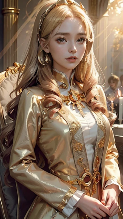 Official art, Unity 8k壁纸, super detailed, Beautiful, Beautiful, masutepiece, Best Quality,
Deities々Atmosphere, mystery, romanticism, creepy, literary, Art Book, Fashion, Victorian, decoration, Complexity, Goldsmith, With golden lace, contemplation, emotional depth, Supernatural,,Magic Surround,(((golden light surrounds her:1.5))),
Woman with straight long hair and red lipstick, ekaterina, 16 year woman,a blond、perfect beautiful body、Perfect beautiful face、Old church、golden medieval dress、