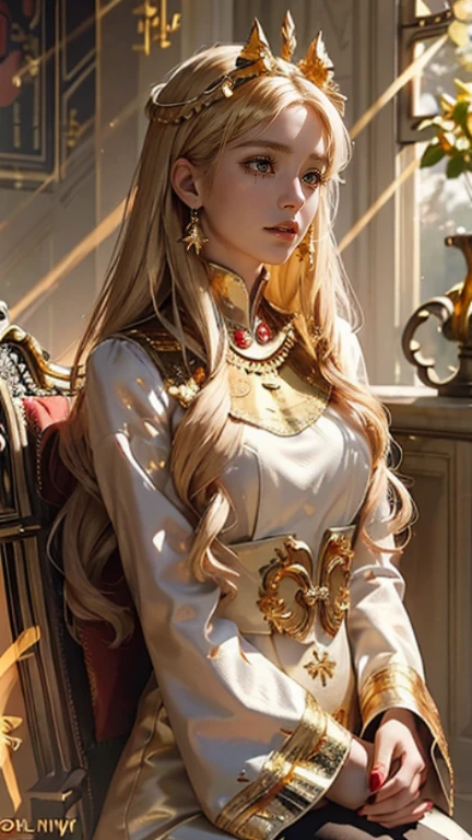 Official art, Unity 8k壁纸, super detailed, Beautiful, Beautiful, masutepiece, Best Quality,
Deities々Atmosphere, mystery, romanticism, creepy, literary, Art Book, Fashion, Victorian, decoration, Complexity, Goldsmith, With golden lace, contemplation, emotional depth, Supernatural,,Magic Surround,(((golden light surrounds her:1.5))),
Woman with straight long hair and red lipstick, ekaterina, 16 year woman,a blond、perfect beautiful body、Perfect beautiful face、Old church、golden medieval dress、