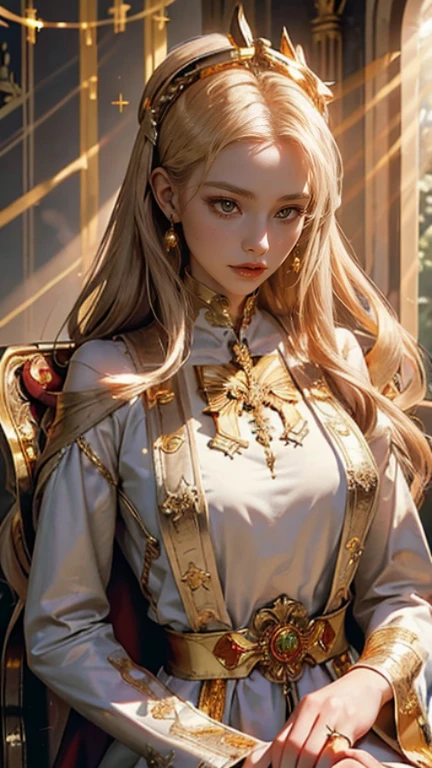 Official art, Unity 8k壁纸, super detailed, Beautiful, Beautiful, masutepiece, Best Quality,
Deities々Atmosphere, mystery, romanticism, creepy, literary, Art Book, Fashion, Victorian, decoration, Complexity, Goldsmith, With golden lace, contemplation, emotional depth, Supernatural,,Magic Surround,(((golden light surrounds her:1.5))),
Woman with straight long hair and red lipstick, ekaterina, 16 year woman,a blond、perfect beautiful body、Perfect beautiful face、Old church、golden medieval dress、