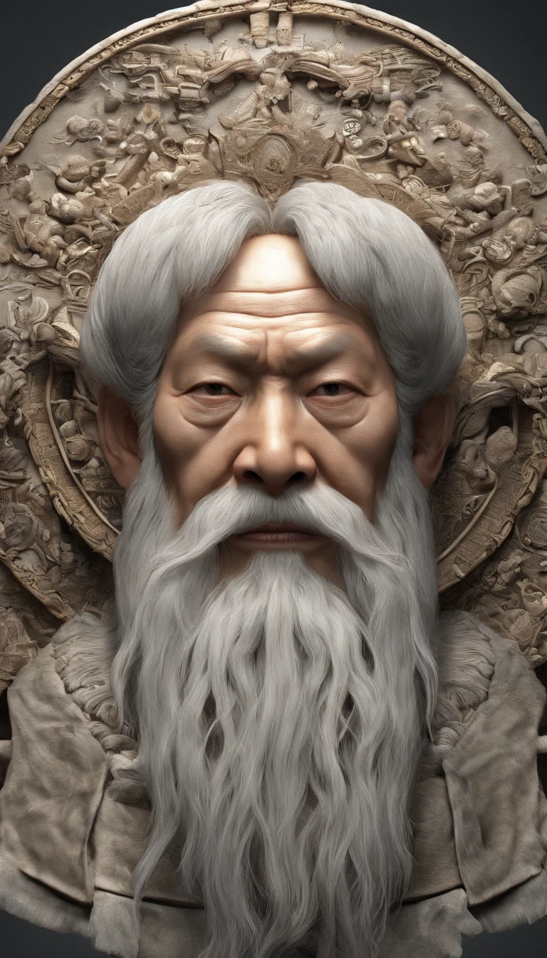 Old Man of the East,Frontal portrait of ancient Chinese figures(Portrait of Confucius 1.0),Visually inspect the audience(Lens perspective),Immortal Wind Road Bone,White haired man,hair-bun,no headwear。ginger clothes。Gentle background。hyper HD, retinas, tmasterpiece, Acura, Anatomically correct, Award-Awarded, high high quality, high detal, super detailing, ctextured skin, Best quality at best, A high resolution, 1080p, k hd, 4K, 8K, 16k。