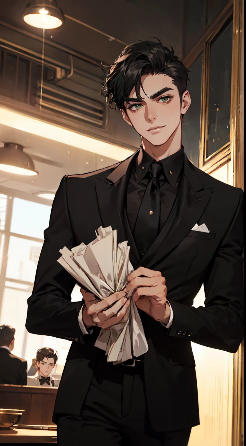 taken in the early 2020s, gotham, alejandro, he looks very sophisticated, (((left side swept black short hair))), (dark green eyes and thick eyebrows), smirk. ((20 years old)), ((Black suite and black tie)), masterpiece, posture dynamic, one person,
