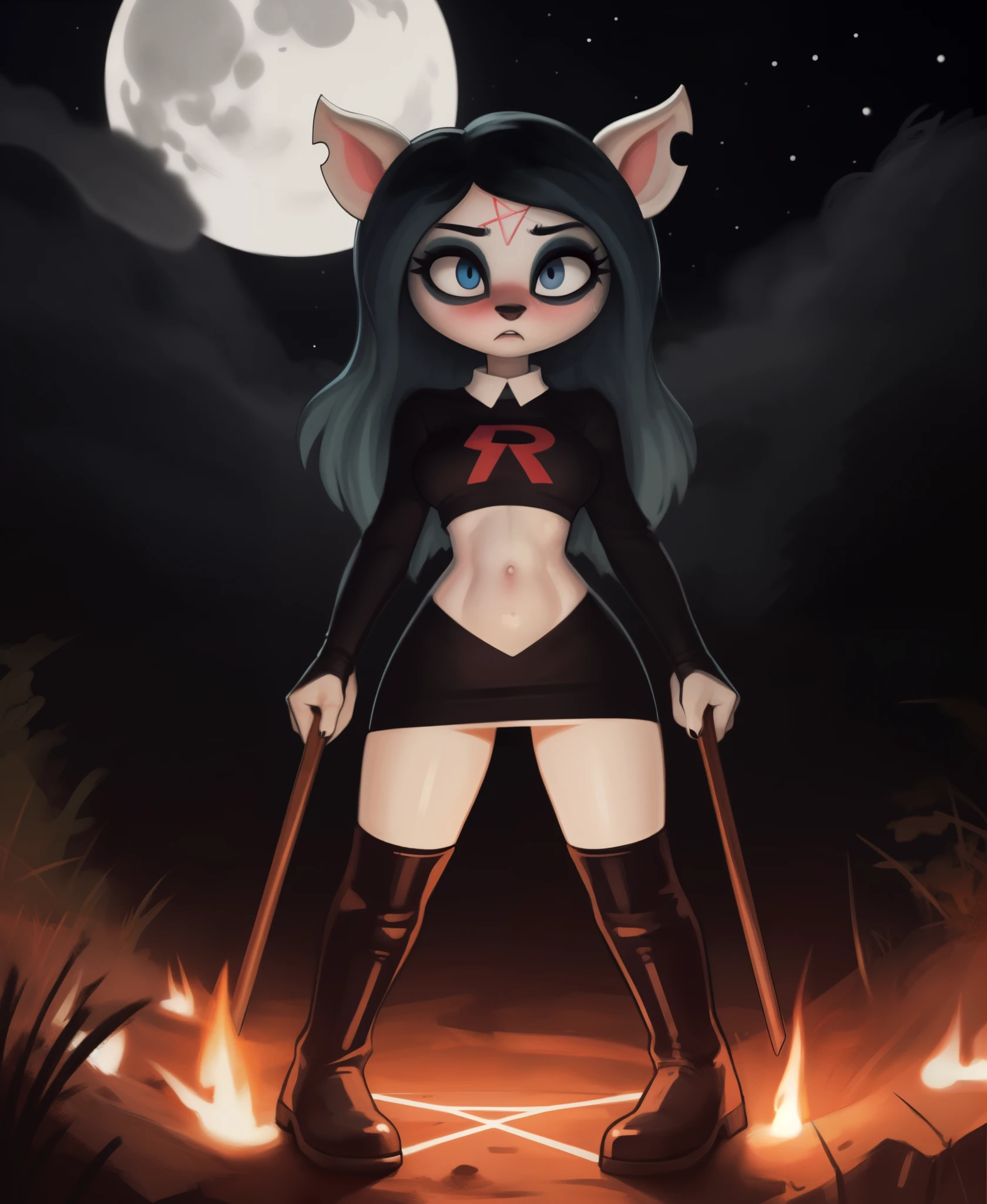 [Claire (the summoning)], [Uploaded to e621.net; (Pixelsketcher), (wamudraws)], ((masterpiece)), ((HD)), ((solo portrait)), ((full body)), ((front view)), ((furry; anthro)), ((detailed fur)), ((detailed soft shading)), ((beautiful render art)), {anthro; (slim figure), white fur, black nose, (cut on left ear), long blue hair, (bang over left eye), (pink pentagram on forehead), (cute blue eyes), (short eyelashes), (indigo eyeshadow), (gorgeous hips), (beautiful legs), (beautiful feet), (black claws), (sweating), (blushing), (expressionless)}, {(team rocket uniform), (long sleeve black shirt), (red R on shirt), (navel), (black pencil skirt), (black thigh-high boots)}, {(standing), (looking at viewer)}, [background; (forest), (full moon), (starry sky), (nighttime lighting), (ambient lighting)]