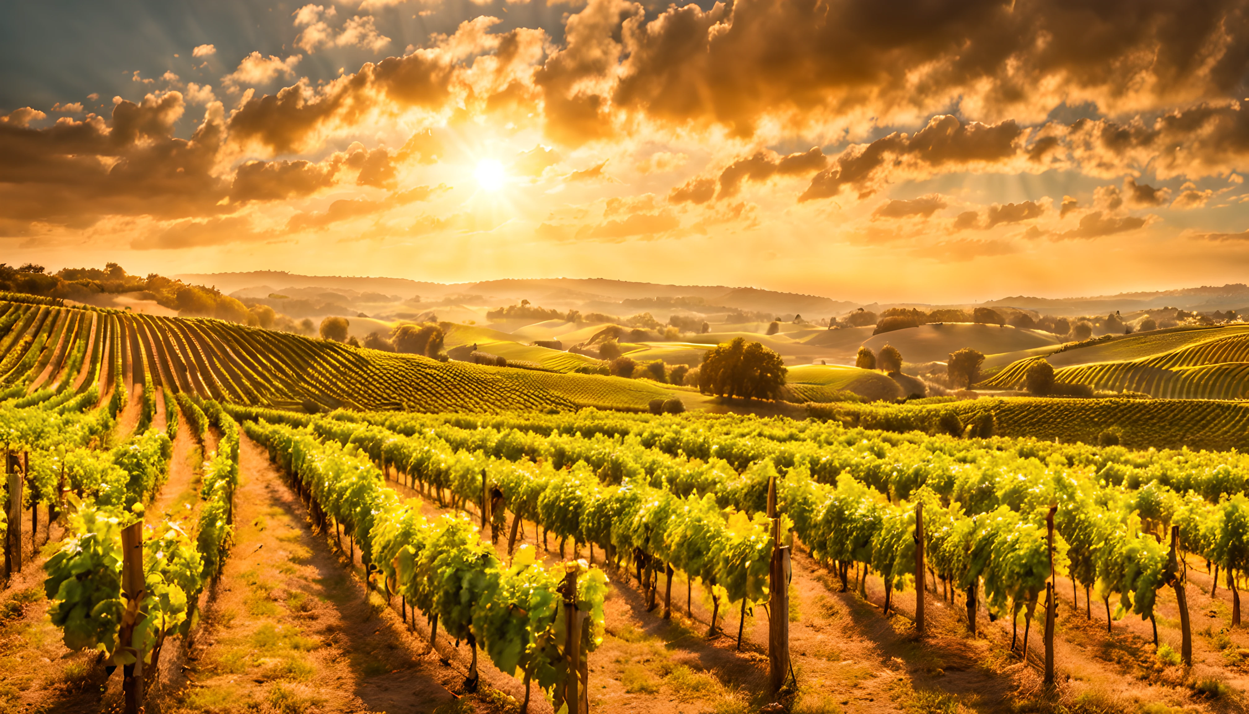 (best quality),(masterpiece),(extreme detailed),a sun-drenched vineyard on rolling hills, with neat rows of grapevines basking in the warm, golden glow of late afternoon