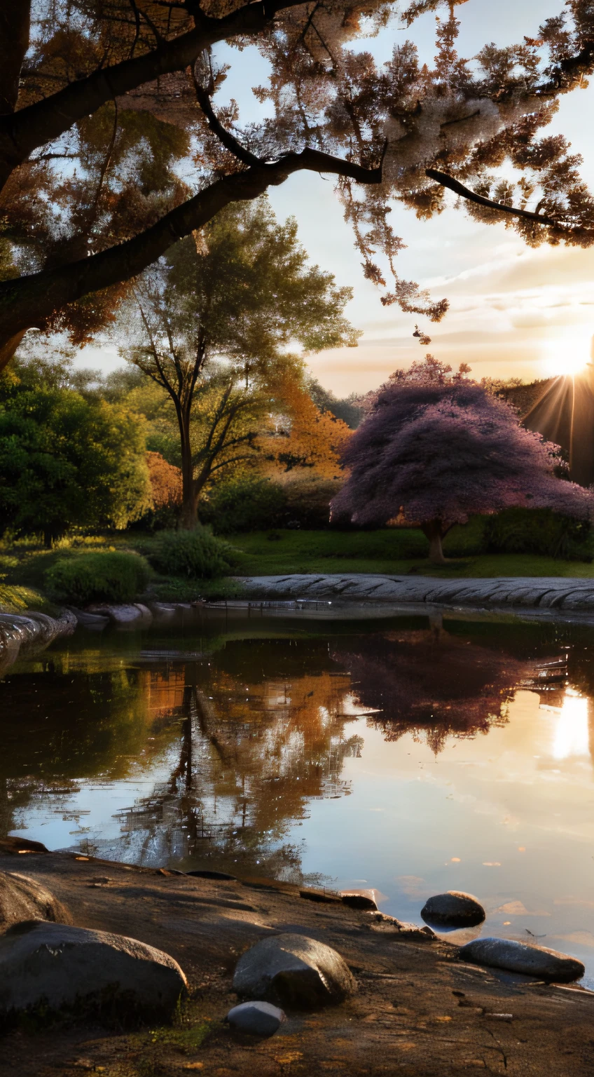 (lindo cenario,cherry tree,Gorgeous setting, colorful fish stream, The is very detailed, the sunset:1.2),ultra - detailed,naturey,serene,Calm,realisticlying:1.37, vivd colour, a warm color palette,gentlesoftlighting,tmasterpiece:1.2, HighDynamicRange,It's like a dream,peacful,Reflection in the water, EtherealBeauty, Delicate petals,charming scene of a,endless horizon,The light of the sun kissing,Picturesque,the golden hour,tranquilbeauty,stunning views,peacful,A majestic,Meticulous attention to detail,calm atmosphere, Idyllic setting, peacful, A harmonious blend of colors, immersive experience