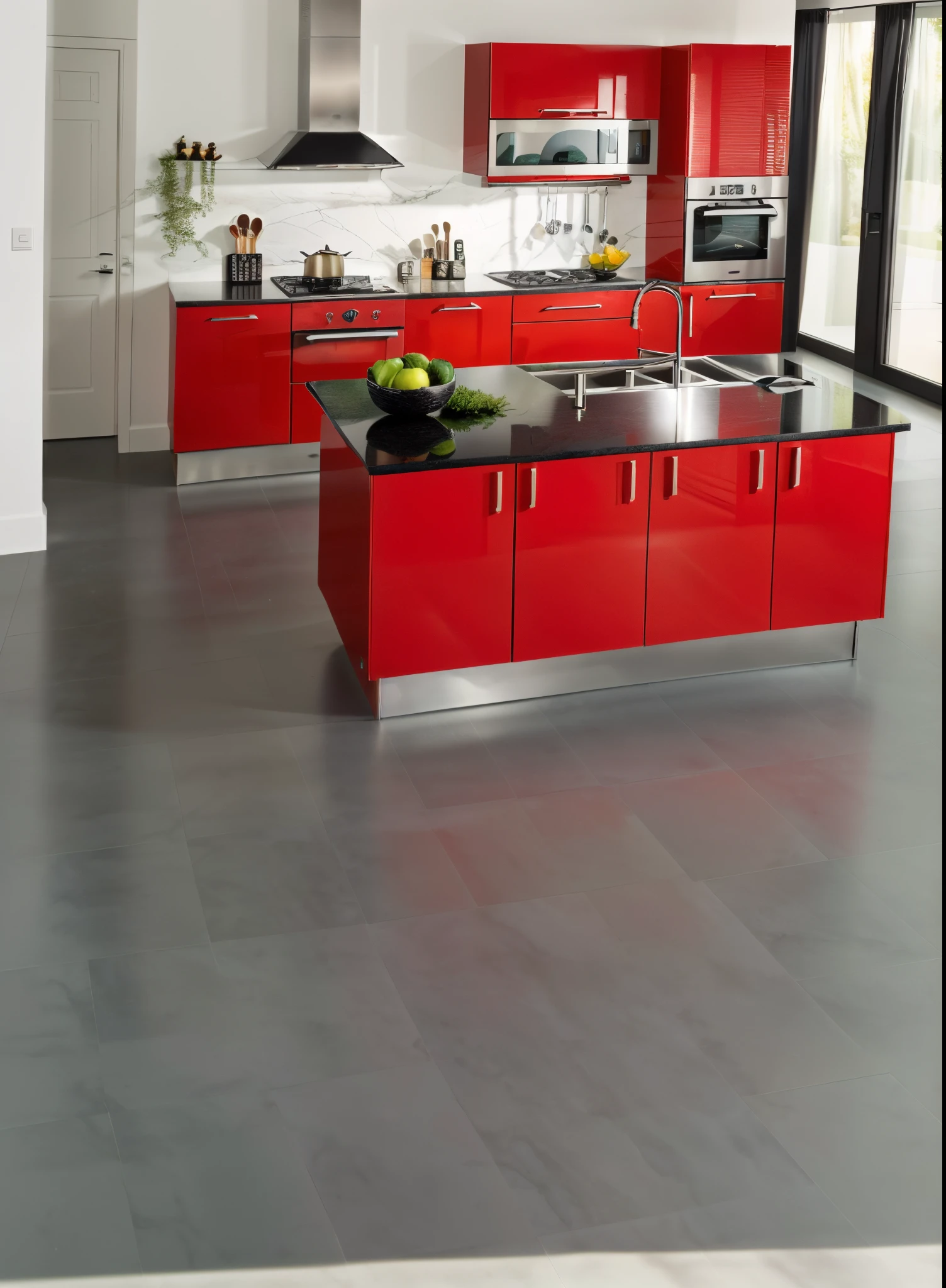 there is a red kitchen with a black countertop and a sink, alto brilho, visual moderno, vermelho vibrante, hero shot, Retro style", luz natural cinza suave e vermelha, esquema de cores vermelho e preto, apenas vermelho e cinza, Vibrant and dynamic, vermelho cromado, excepcional, estilo moderno, esquema de cores carmesim e cinza, Inspirador, muito intenso, vermelho brilhante