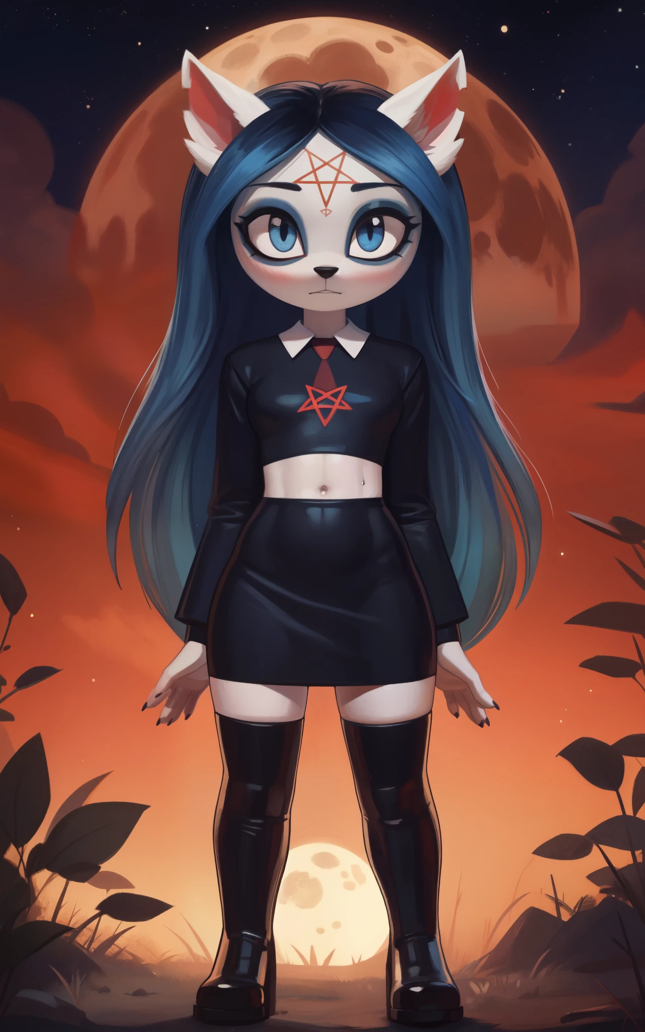 [Claire (the summoning)], [Uploaded to e621.net; (Pixelsketcher), (wamudraws)], ((masterpiece)), ((HD)), ((solo portrait)), ((full body)), ((front view)), ((furry; anthro)), ((detailed fur)), ((detailed soft shading)), ((beautiful render art)), {anthro; (slim figure), white fur, black nose, (cut on left ear), long blue hair, (bang over left eye), (pink pentagram on forehead), (cute blue eyes), (short eyelashes), (indigo eyeshadow), (gorgeous hips), (beautiful legs), (beautiful feet), (black claws), (sweating), (blushing), (expressionless)}, {(team rocket uniform), (long sleeve black shirt), (red R on shirt), (navel), (black pencil skirt), (black thigh-high boots)}, {(standing), (looking at viewer)}, [background; (forest), (full moon), (starry sky), (nighttime lighting), (ambient lighting)]