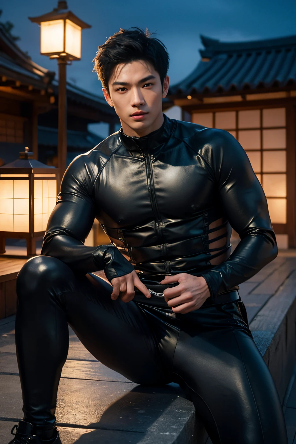 photo of a handsome (korean man), ((futuristic fashion show)), (Supermodel), runway, (smirk:0.7), coiffed hairstyle, (oily skin), (looking at viewer), fashion model posing, bondage, ((bondage strap outfit)), male focus, dynamic movement, (ultra realistic, masterpiece, hdr, intricate details, detailed background, depth of field), dynamic pose, dynamic angle , micro string thongs , bare pectoral , bare hips , bare thighs , nude , naked , ((unrealistic wide hips , unrealistic wide plevis , plump hips))
