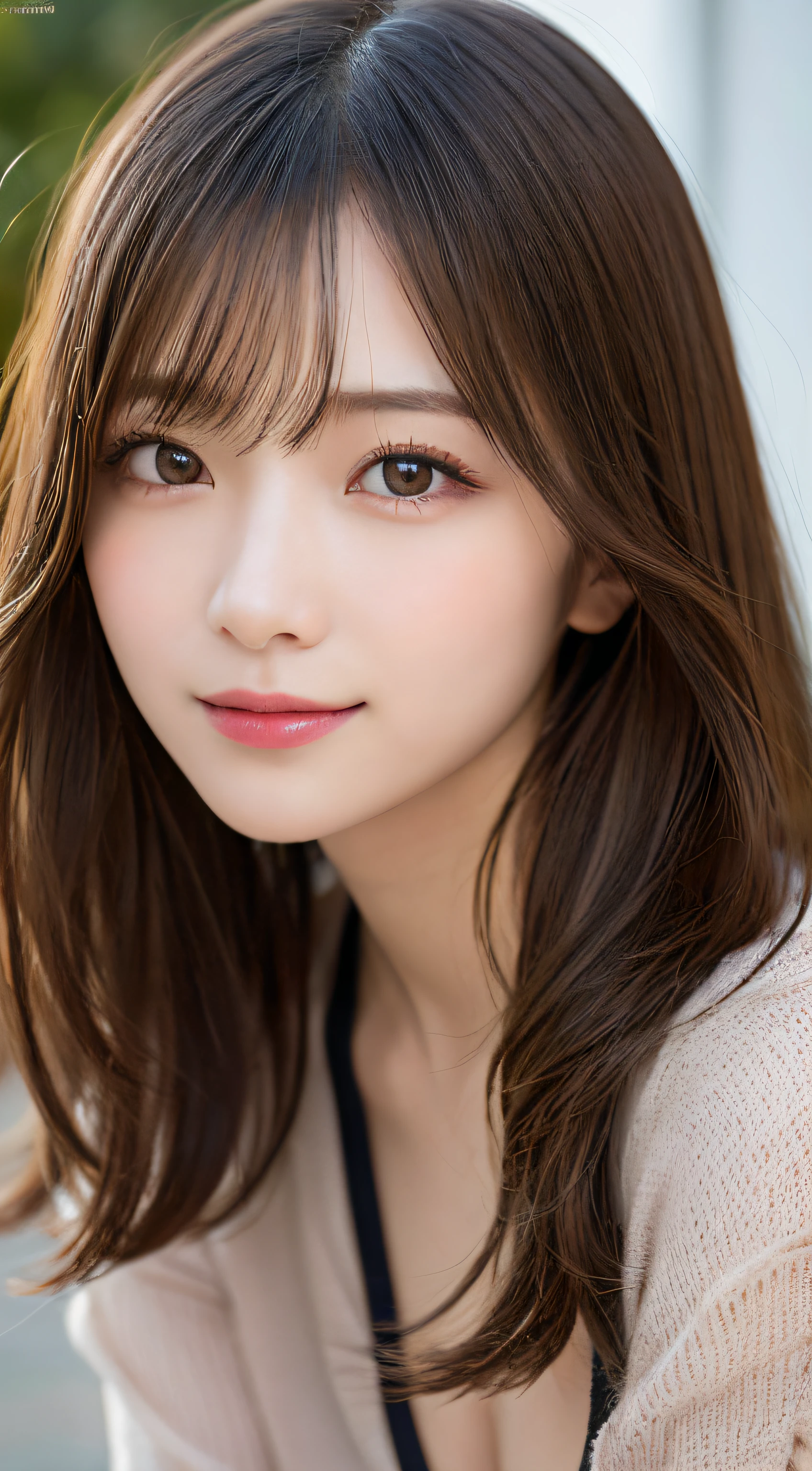 finely detail, hight resolution, hightquality、Perfect dynamic composition, Beautiful detailed eyes, Medium Hair, small tits、Natural Color Lip,Kamimei、Shibuya、20 years girl、1 persons、Transparent skin、Glowing hair、a smile、masutepiece, Best Quality, Illustration, Ultra-detailed, finely detail, hight resolution, 8K、The correct state of the human body、crouching down、Gravure Model Pose,Hair soaring in the wind
