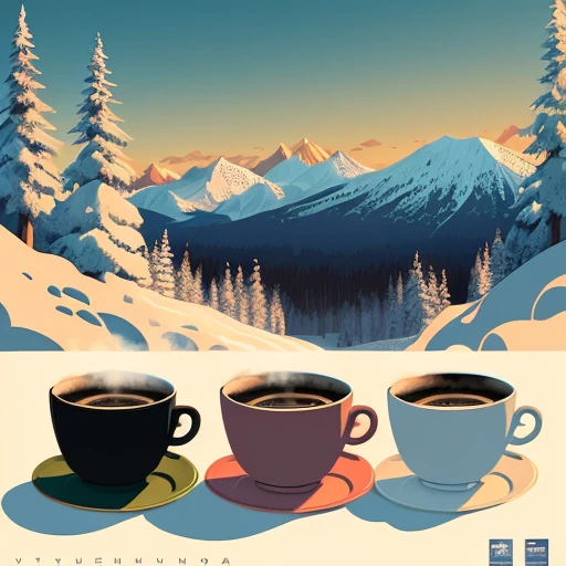 A cup of coffee in an early winter landscape,Poster design,Vector graphics,Vector style