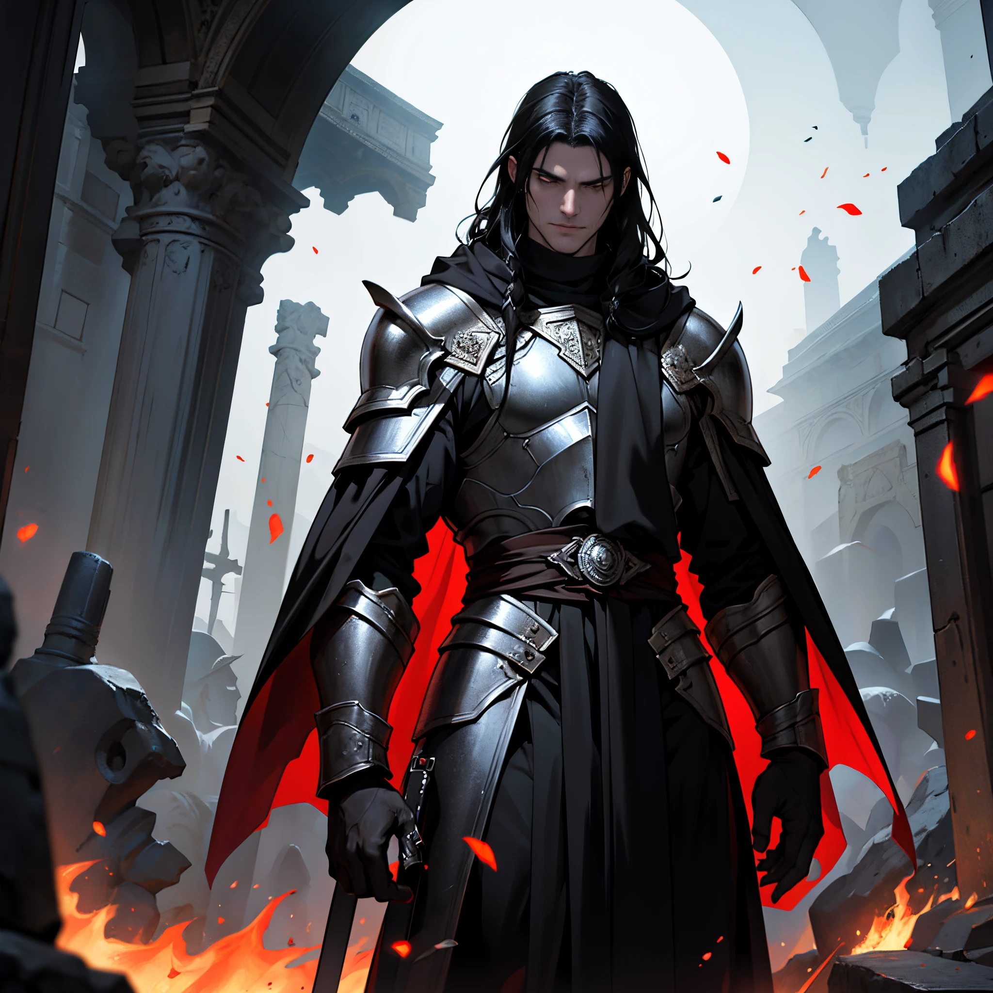 masterpiece, tmasterpiece, 4k, perfect, Roman emperor who looked like a vampire, Standing proudly with long black hair, Wear black iron armor and a dark red cloak, Sparks fly, smoke, dark clouds and thunderstorm, pale-skin, Background with: burning night in ancient rome