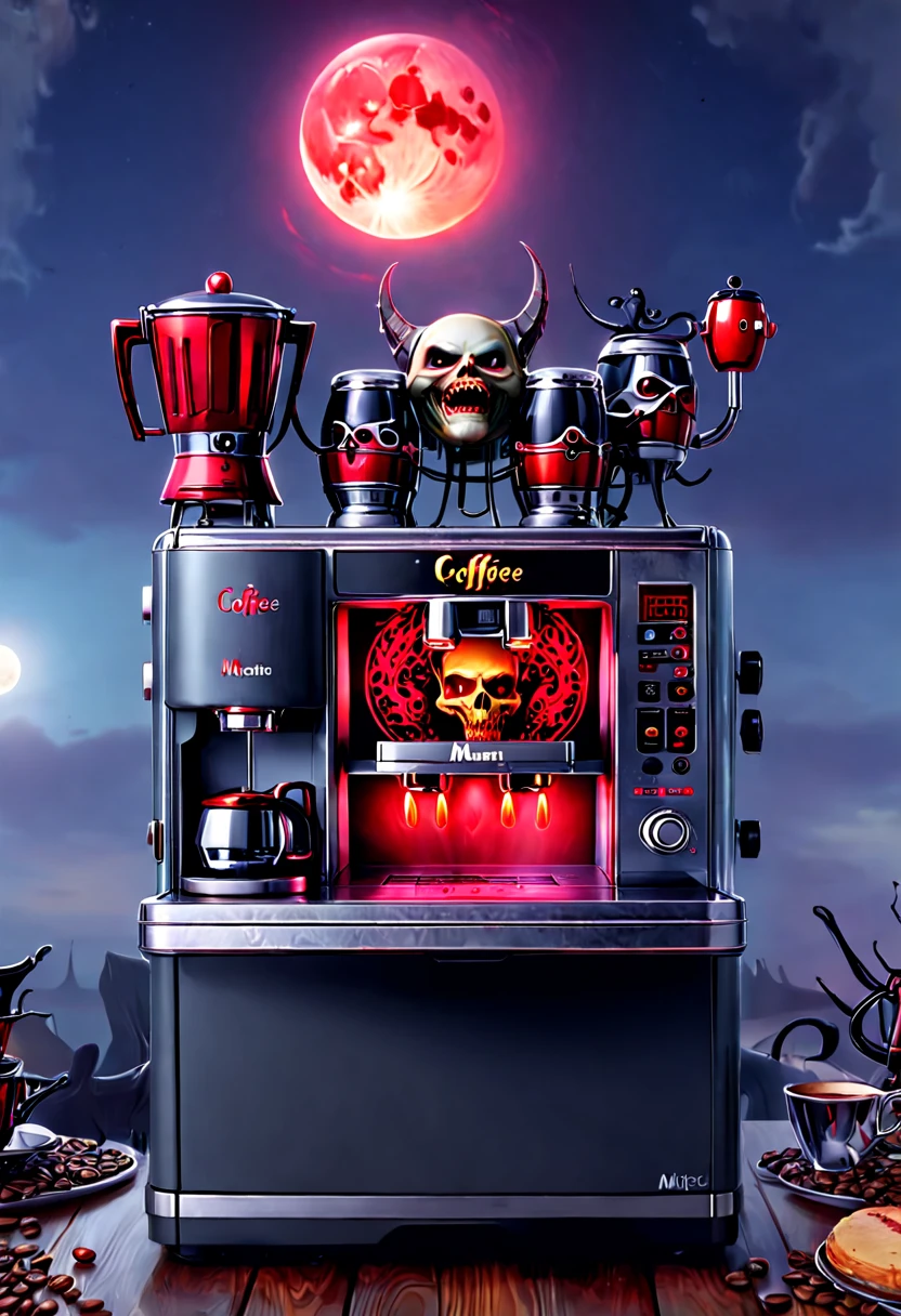 (tmasterpiece),（ultra - detailed：1.3），Best quality at best，（Sparkling:1.2），（A weird world:1.4），(Weird and evil coffee machine: 1.5),（red full moon），evil kitchen utensils，Refrigerator、microwave oven、Blenders and other appliances will get a new look，Looks like a ghost with a soul, Other decorations, A weird world, Thriller horror design style, natta，sky sky，moon full，without humans，vivd colour，bright，1.Realism increased by 4 times，hyper HD，Everything is displayed in this beautiful scene，（The content is very detailed，Reasonable design，Clear lines，High- sharpness，tmasterpiece，offcial art，movie light effect，8K）