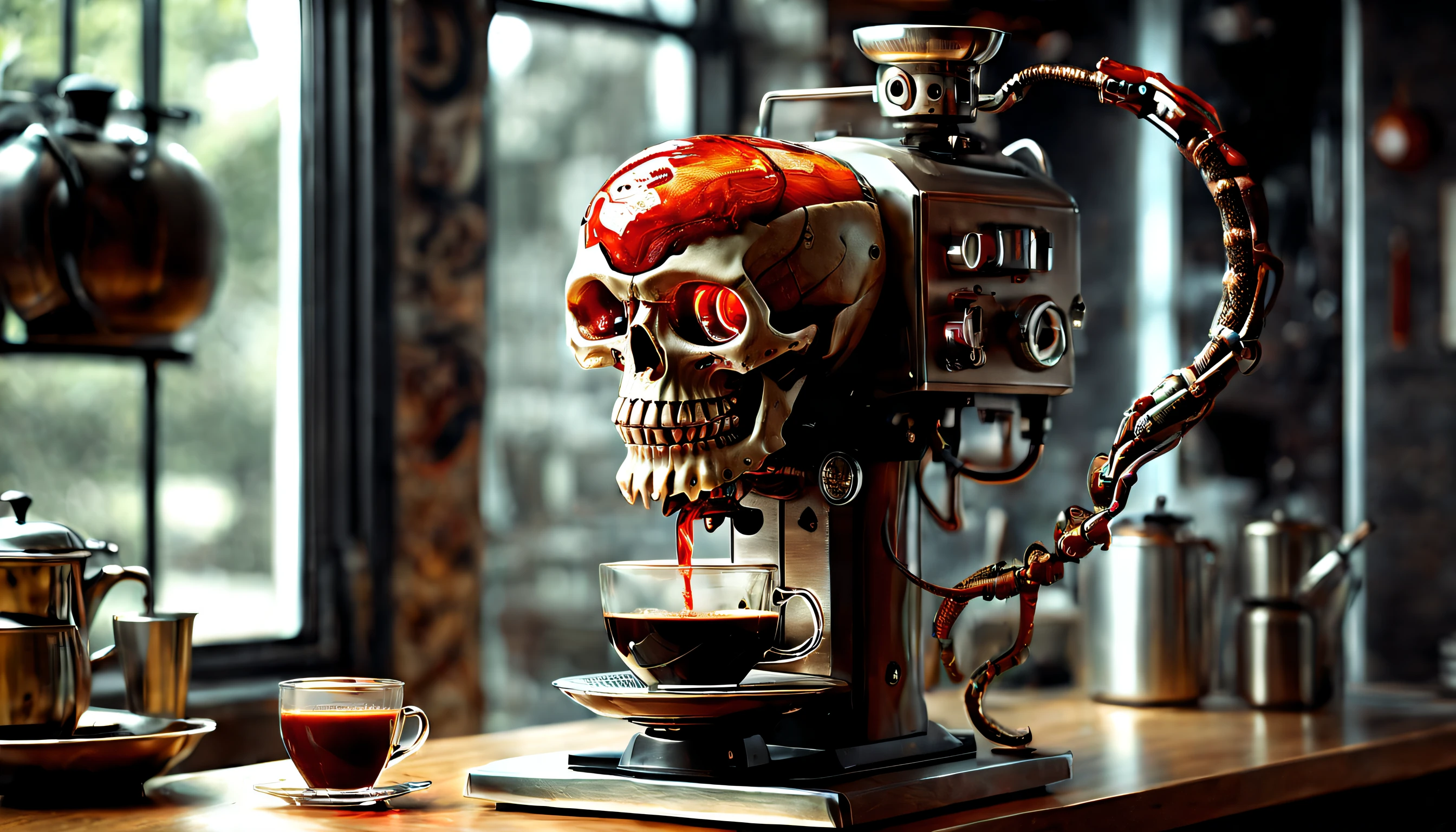 dennis ruston style，Creative product design，Very unified CG scenes,（snake essence coffee machine，Alien electric kettle，skull rice cooker），Complicated details，（skeleton head）， (Snake spirit），(Lots of blood)，（zombi），
Background with：kitchen wasteland, sci fi art, ，Excellent，Excellent，hyper realisitc，Thriller，