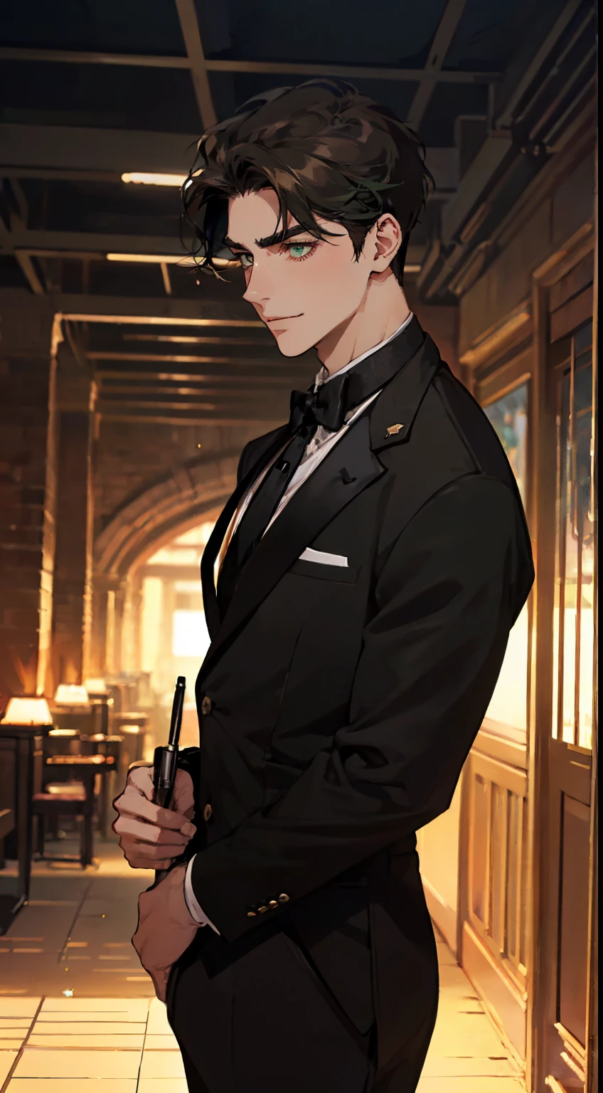 ((a young man in a black suit and tie)), taken in the early 2020s, gotham, alejandro, he looks very sophisticated, (((left side swept black short hair))), (dark green eyes and thick eyebrows), smirk. ((20 years old)), ((Black suite and black tie)), masterpiece, posture dynamic, one person, ((brown skin))