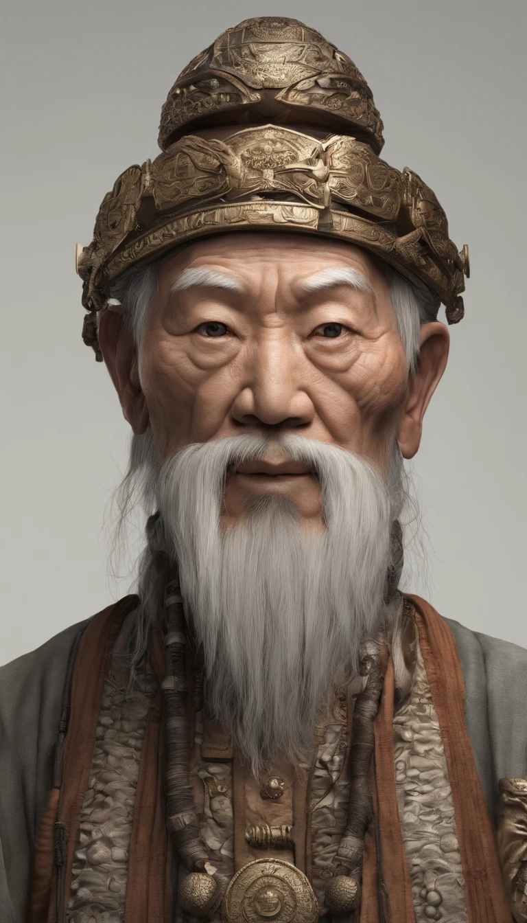 Old Man of the East,Frontal portrait of ancient Chinese figures(Bust portrait 1.0),Audience visual inspection(Lens perspective),Immortal Wind Road Bone,White haired man,hair-bun,no headwear。ginger clothes。solid color backdrop(Paper 1.5)。hyper HD, retinas, tmasterpiece, Acura, Anatomically correct, Award-Awarded, high high quality, high detal, super detailing, ctextured skin, Best quality at best, A high resolution,k hd, 4K, 8K, 16k。