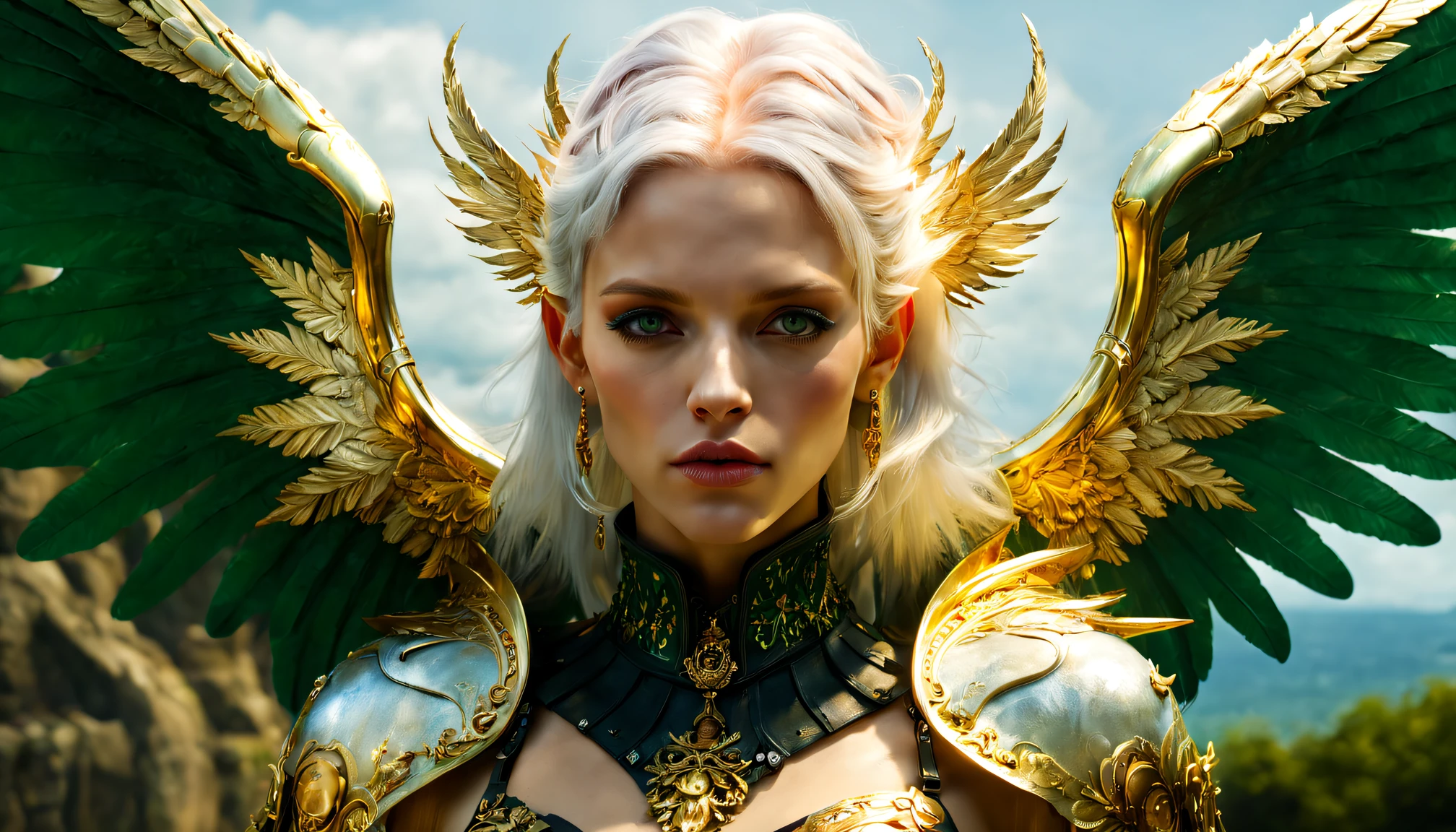 (wide angle),(Aetherpunk style:1.4),8k , ultra quality ,nature, pagan imagery, intricate detailed bright face, beautiful valkyrie ,gold detailed holy gorgeous armor, intricate detailed wide angelic wings on her back,spreading angelic wings wide,utopia,magic,detailed,mages,outdoors,amazing scenery,(highly detailed:1.2),(ultra realism:1.2), realistic, detailed, textured, skin, platinum white hair, green eyes, by Alex Huguet, Mike Hill, Ian Spriggs, JaeCheol Park, Marek Denko ,detailmaster2,more detail XL,(half body image)