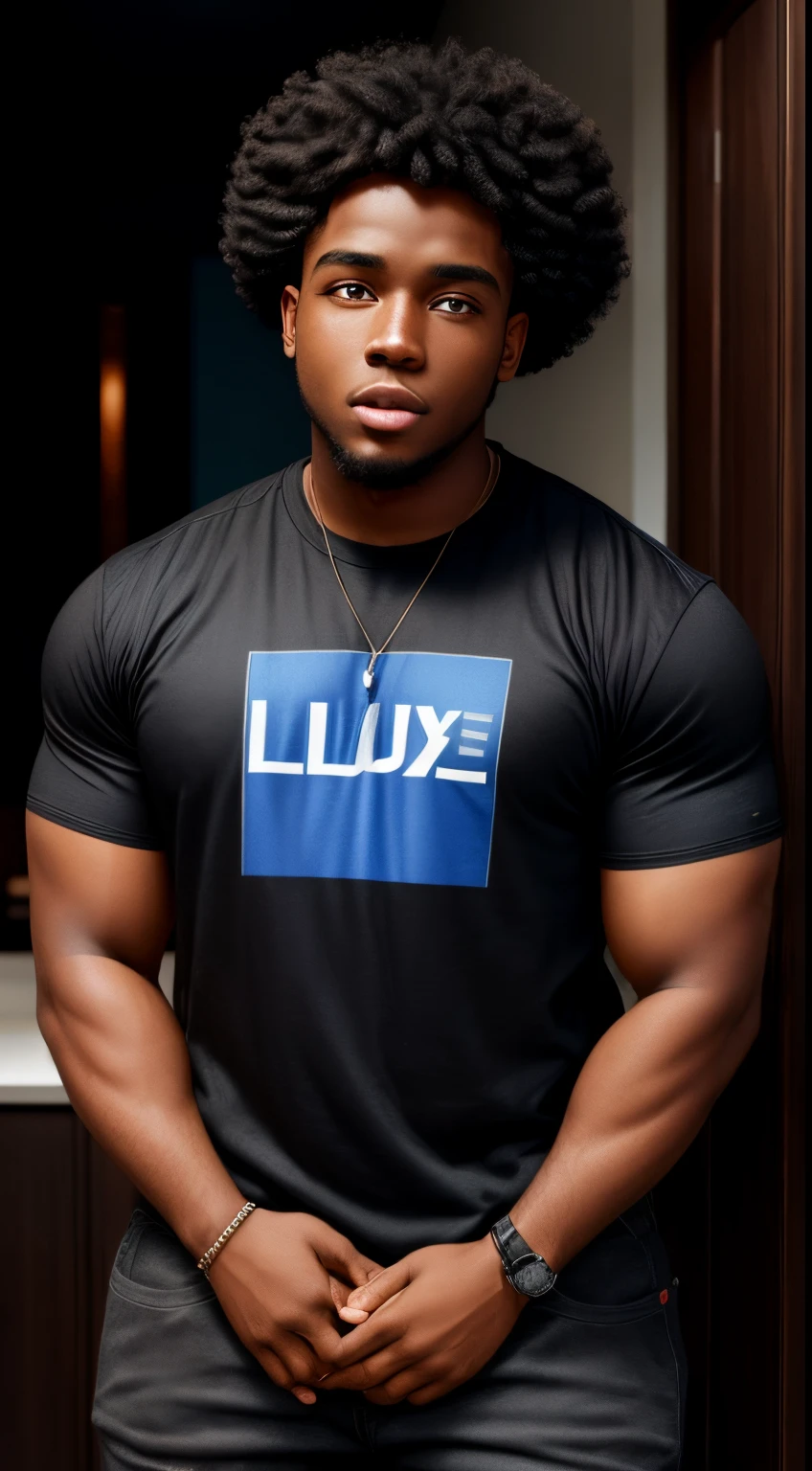 man,Black skin,curly hair,thick mouth;,s big eyes,22 years old,Blue T-shirt,Black pants,The background is a luxurious house.
