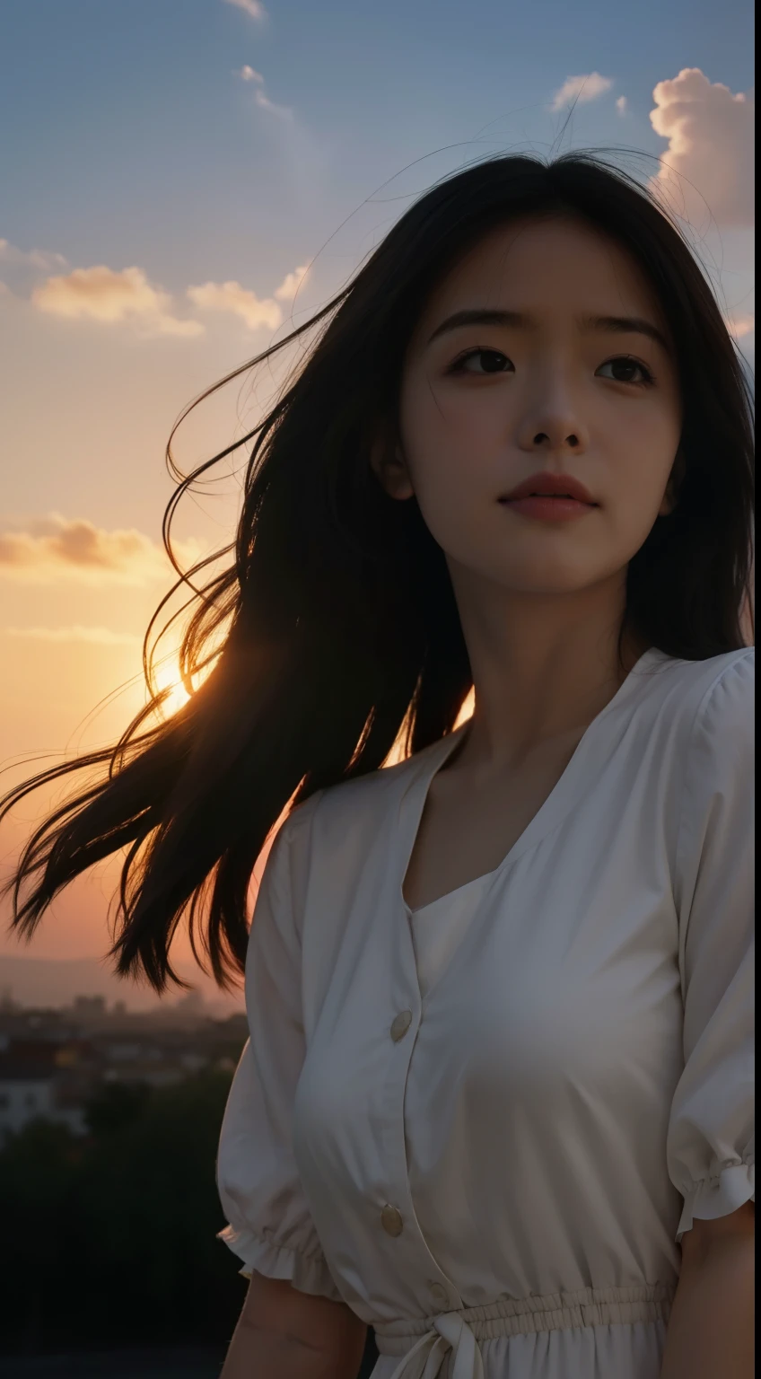 masutepiece, Best Quality, cinematic Film still from, 1girll, Cloud Girl, Floating in the sky, close-up, Bright, cheerfulness, Warm and soft lighting, Sunset, (spark of light:0.7),Cinematic lighting