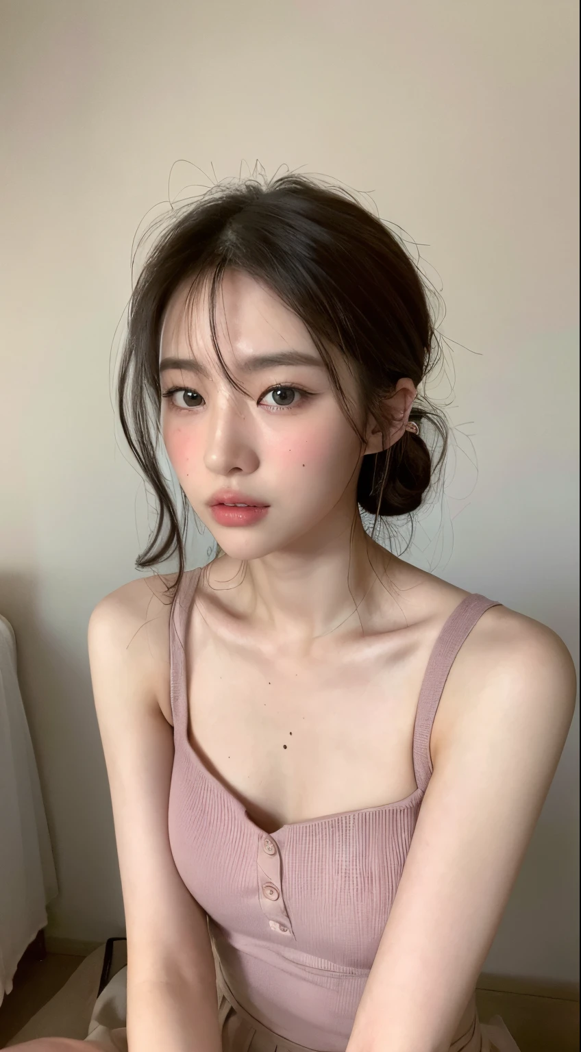 ((top-quality、8k、masterpiece:1.3))、a beauty、Hidden Face、1girl in、a beauty:1.3、Slender Abs:1.1、camisole vest、random hairstyle、small tit(Sitting in bed)、hyperdetailed face、very detailed lips、A detailed eye、二重まぶた、exposed small cleavage、