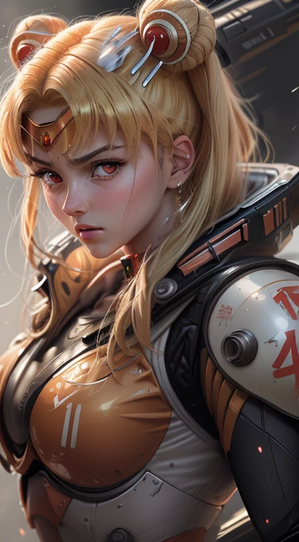 masterpiece, best quality, high resolution, A real life adaption of tsukino usagi, blonde hair, mecha, anger, mechanical limb, metal arms, exquisite face, red eyes, portrait, symmetry, side lighting, hyper realistic
